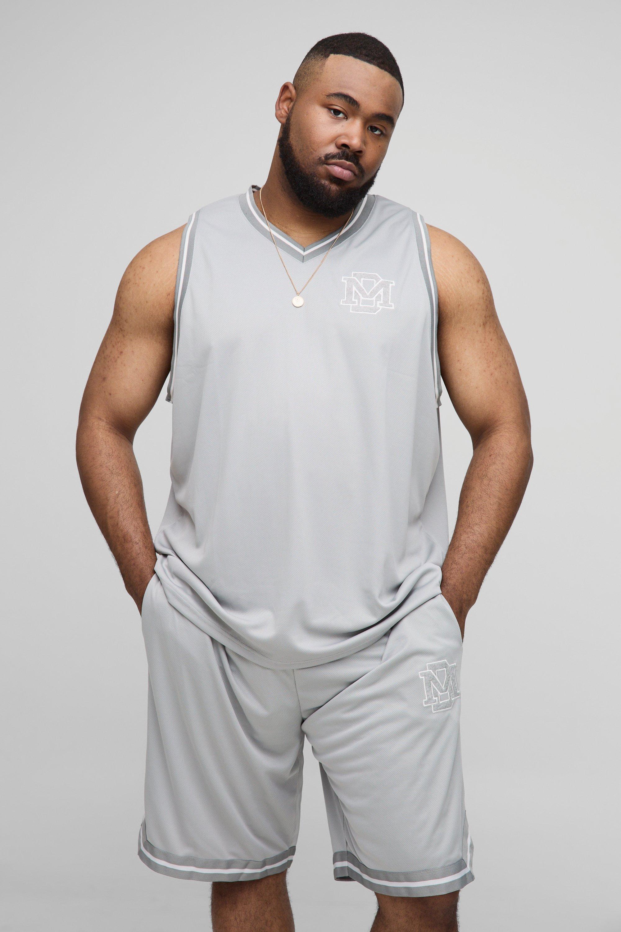 Mens Grey Plus BM Embroidered Oversized Vest & Basketball Short Set, Grey