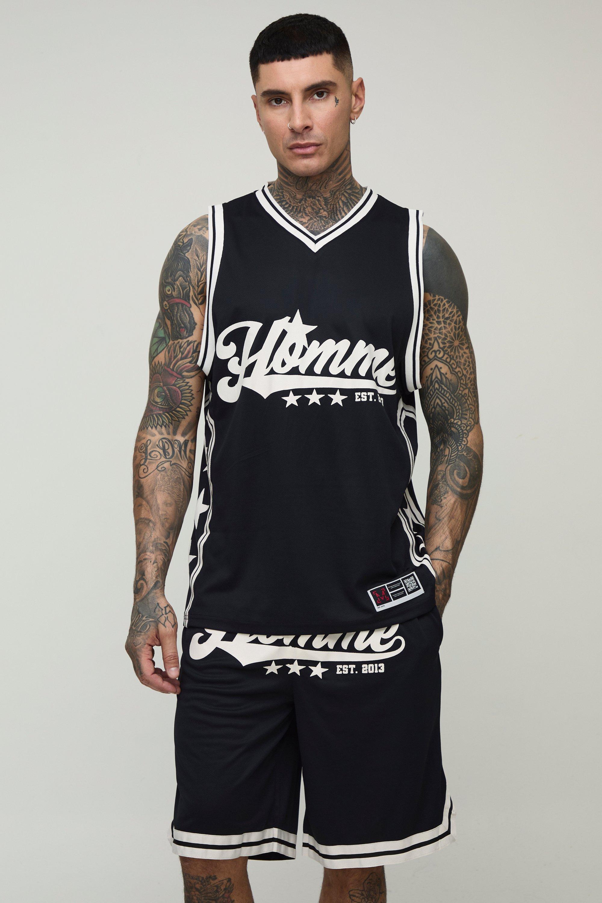 Mens Black Tall Homme Star Vest & Basketball Fit Short Set, Black