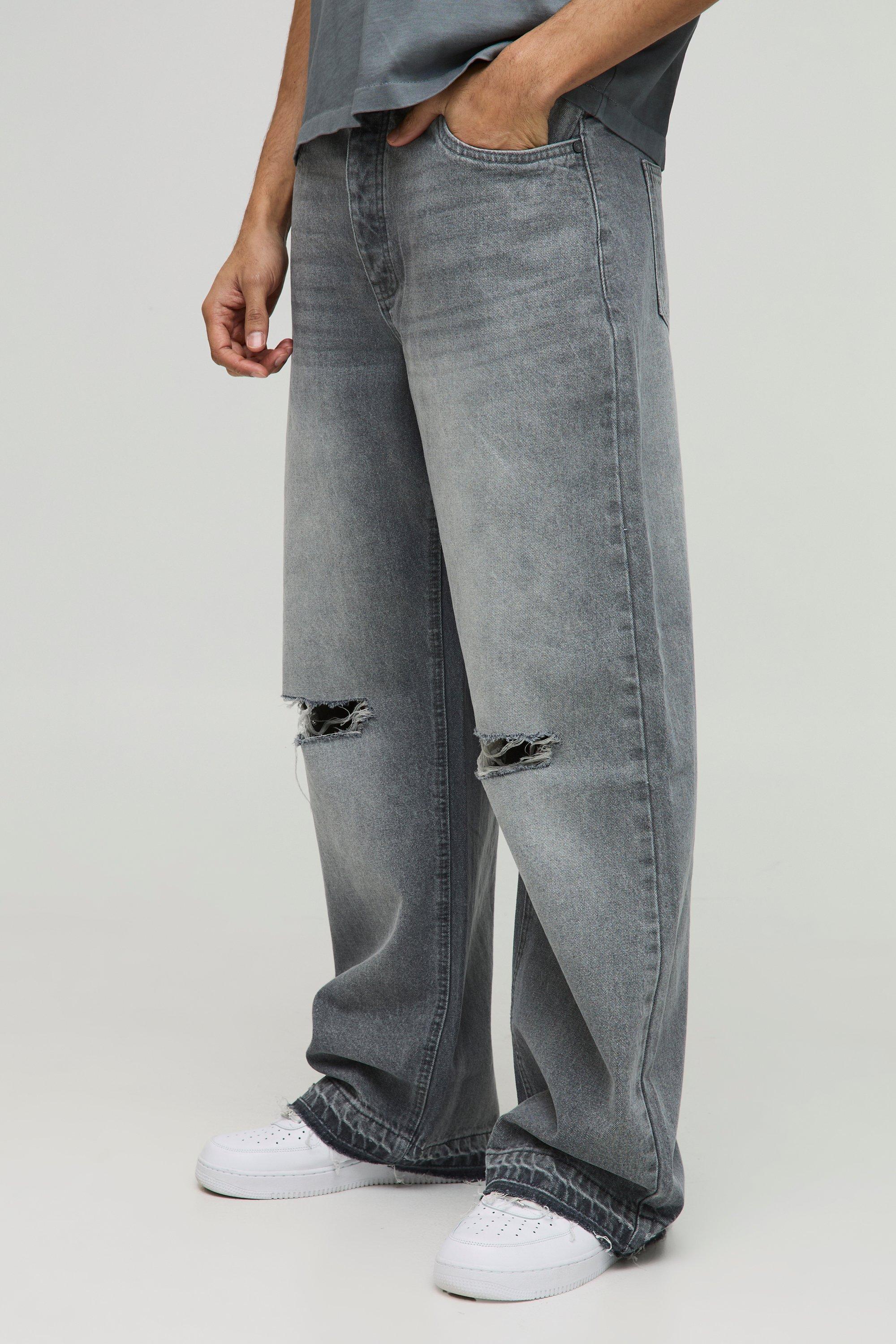 Mens Grey Wide Leg Ripped Knee Jeans With Let Down Hem, Grey
