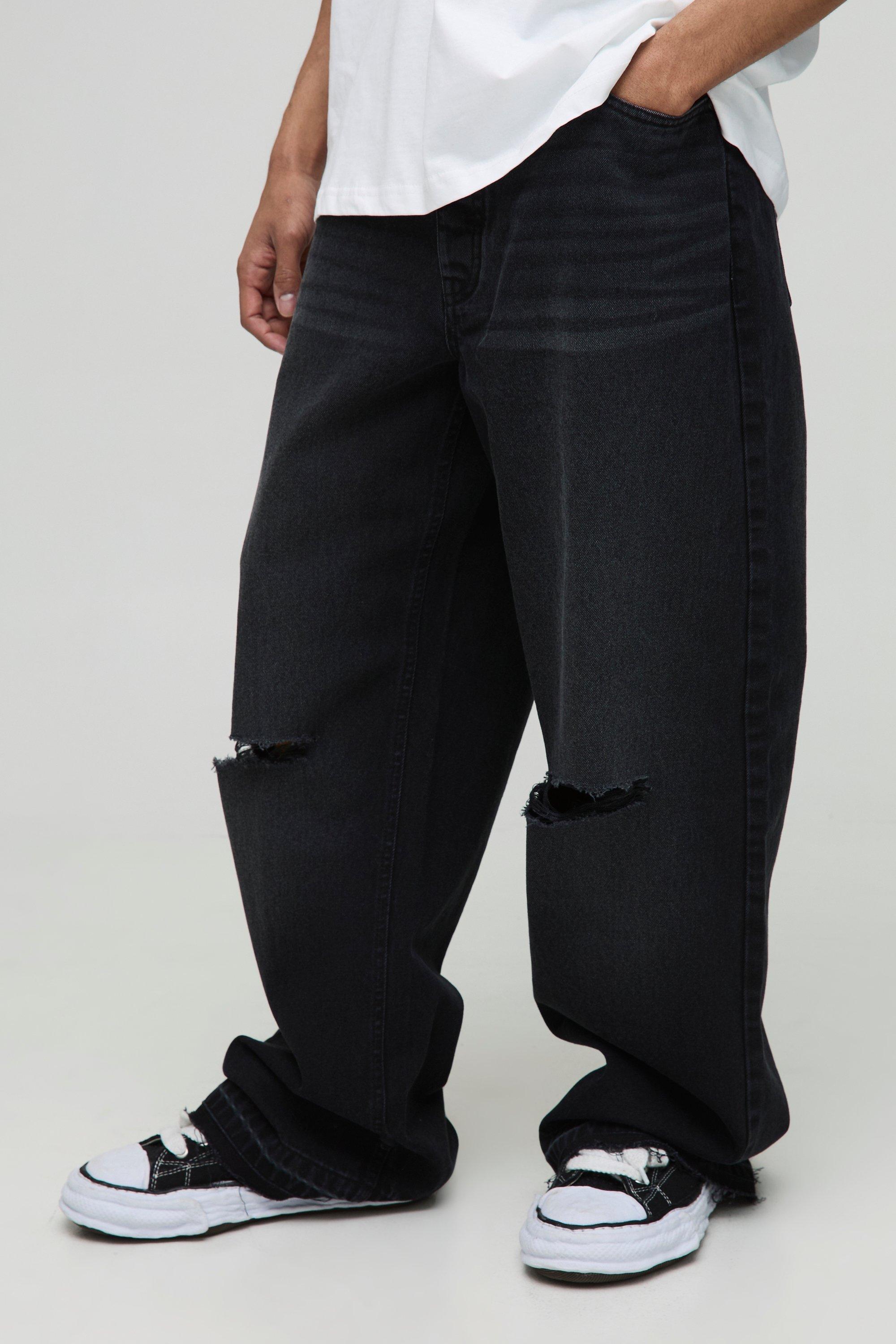 Mens Black Wide Leg Ripped Knee Jeans With Let Down Hem, Black