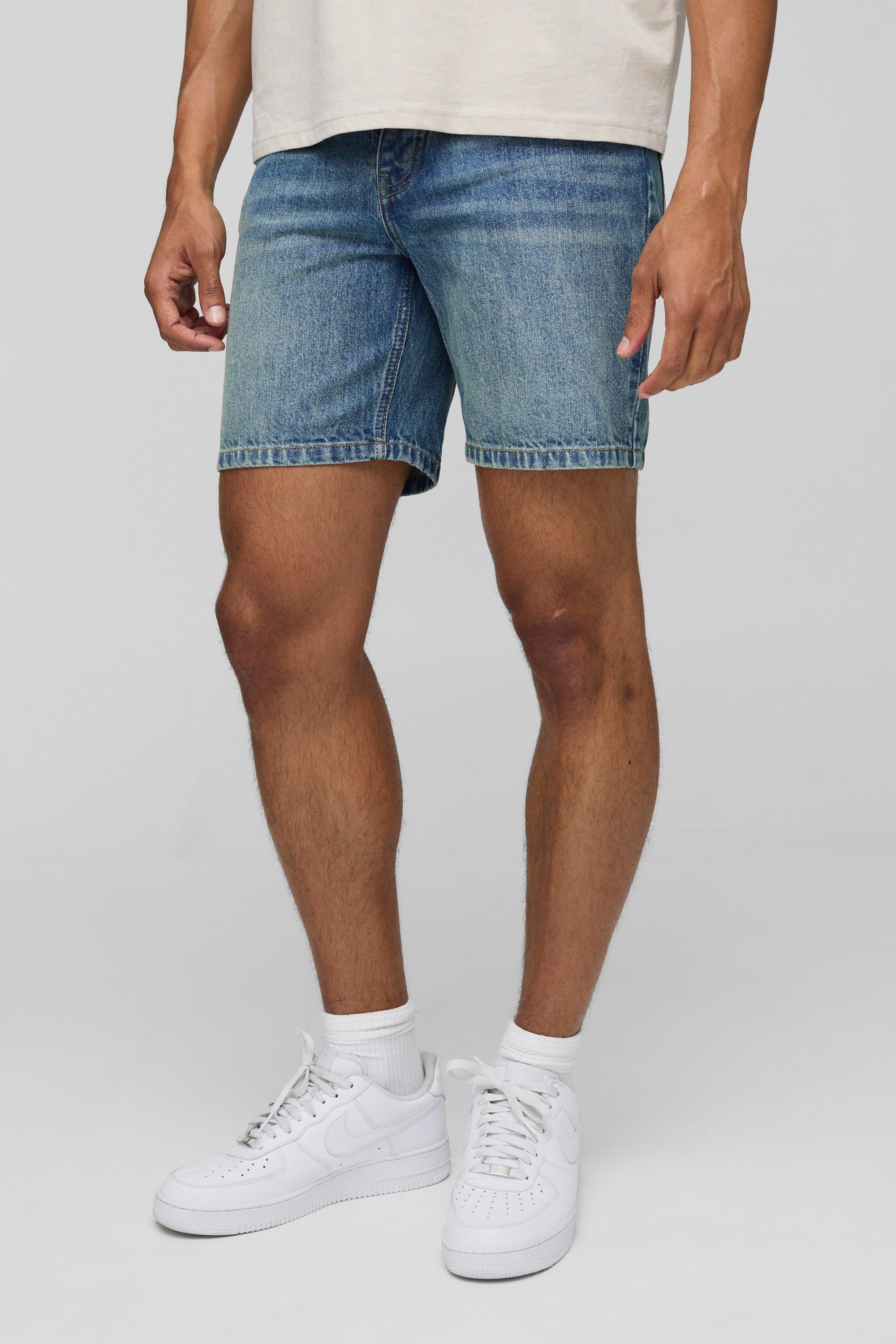 Image of Pantaloncini Slim Fit in denim rigido vintage blu, Azzurro