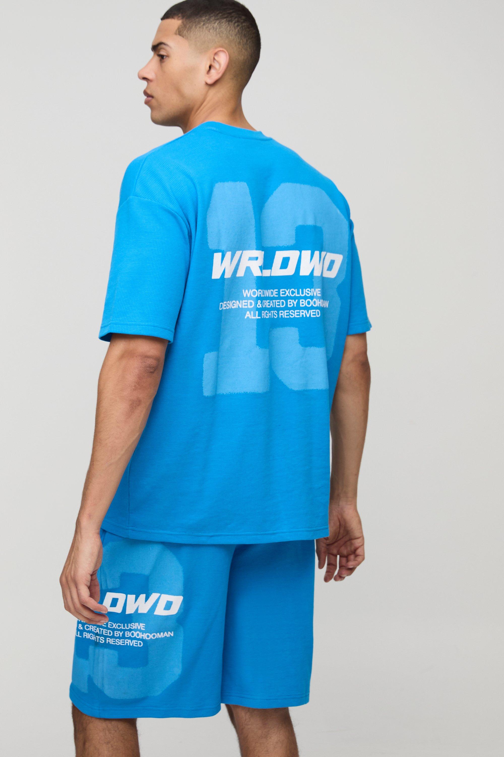 Mens Blue Oversized Waffle 13 Printed T-Shirt And Short Set, Blue