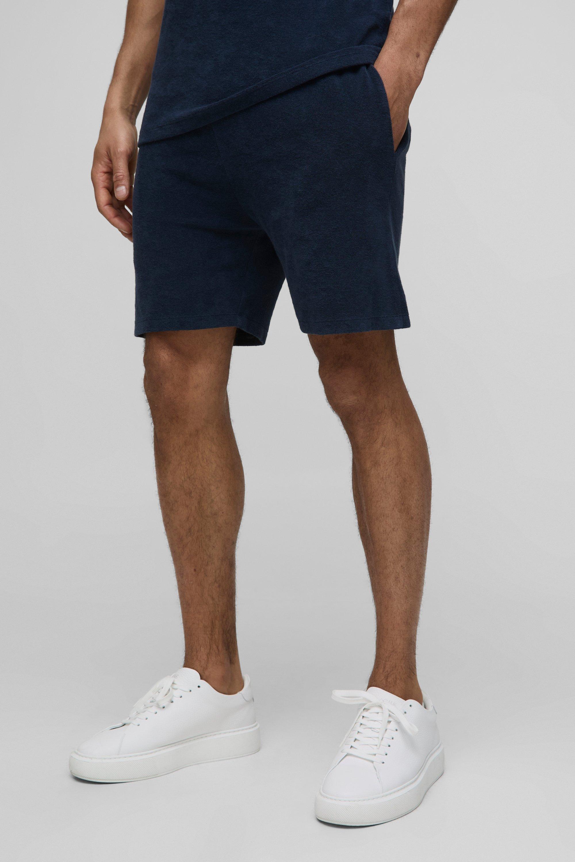 Mens Navy Regular Fit Slim Fit Mid Length Towelling Shorts, Navy