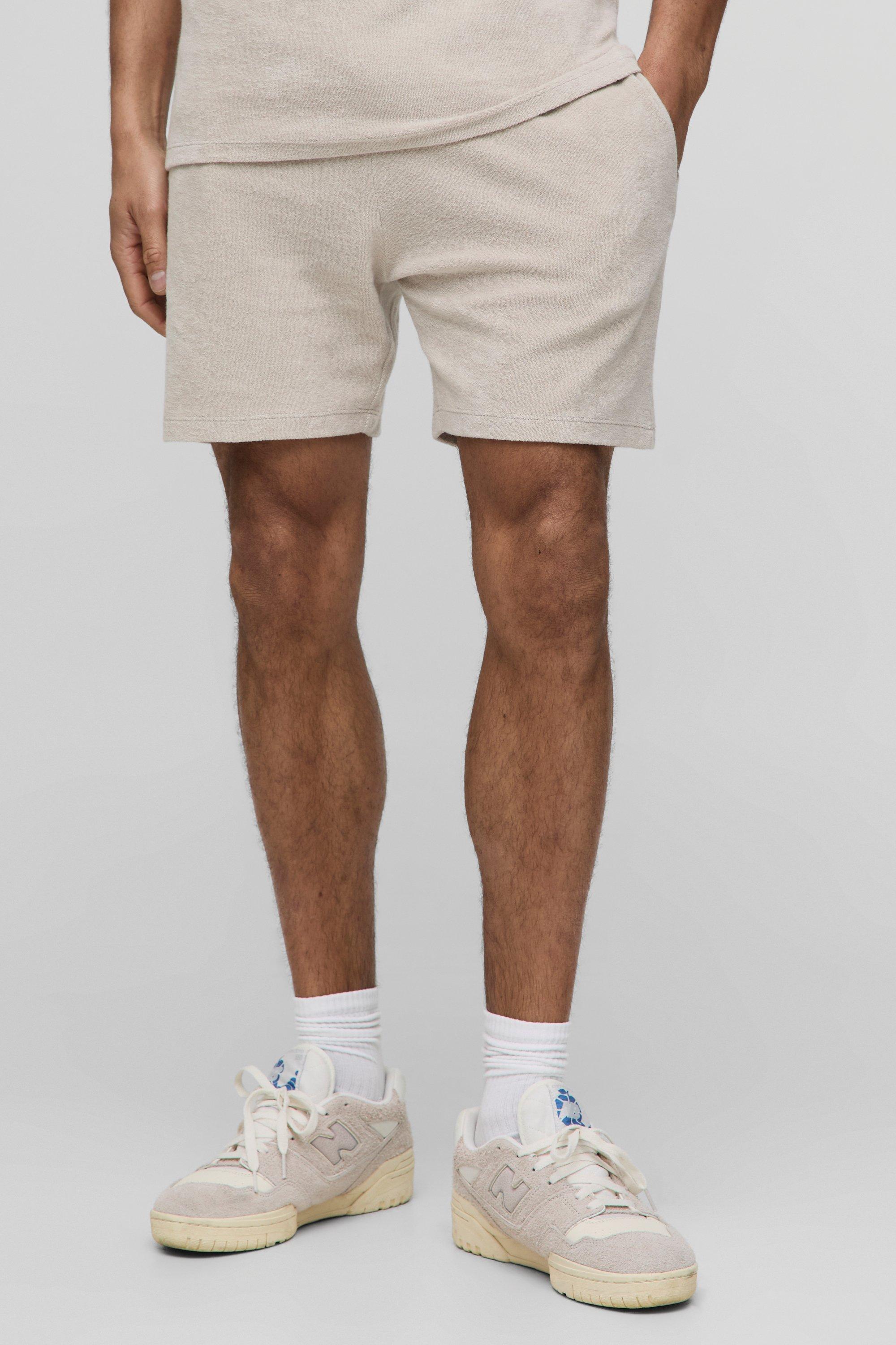 Mens Beige Regular Fit Slim Fit Mid Length Towelling Shorts, Beige