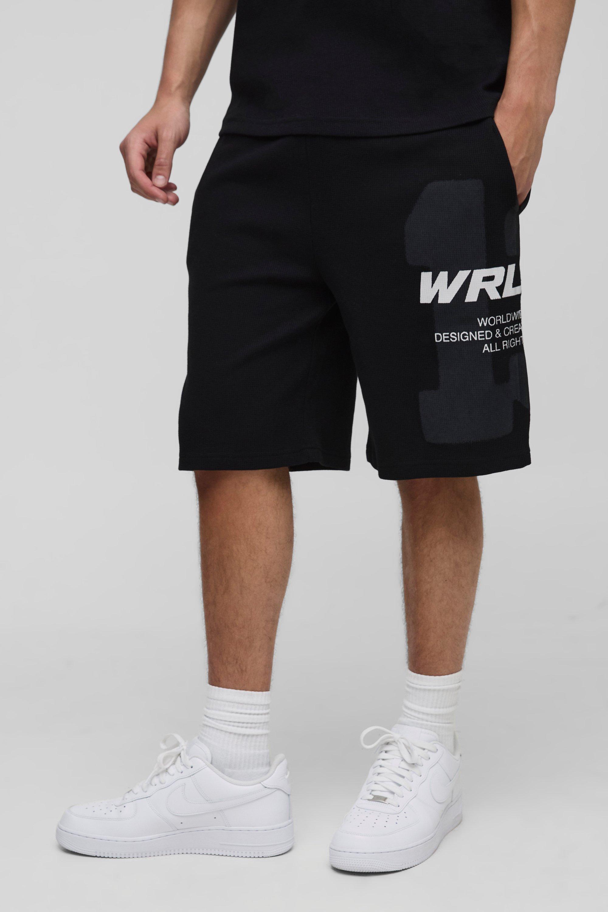 Mens Black Oversized Waffle 13 Varsity Printed Short, Black