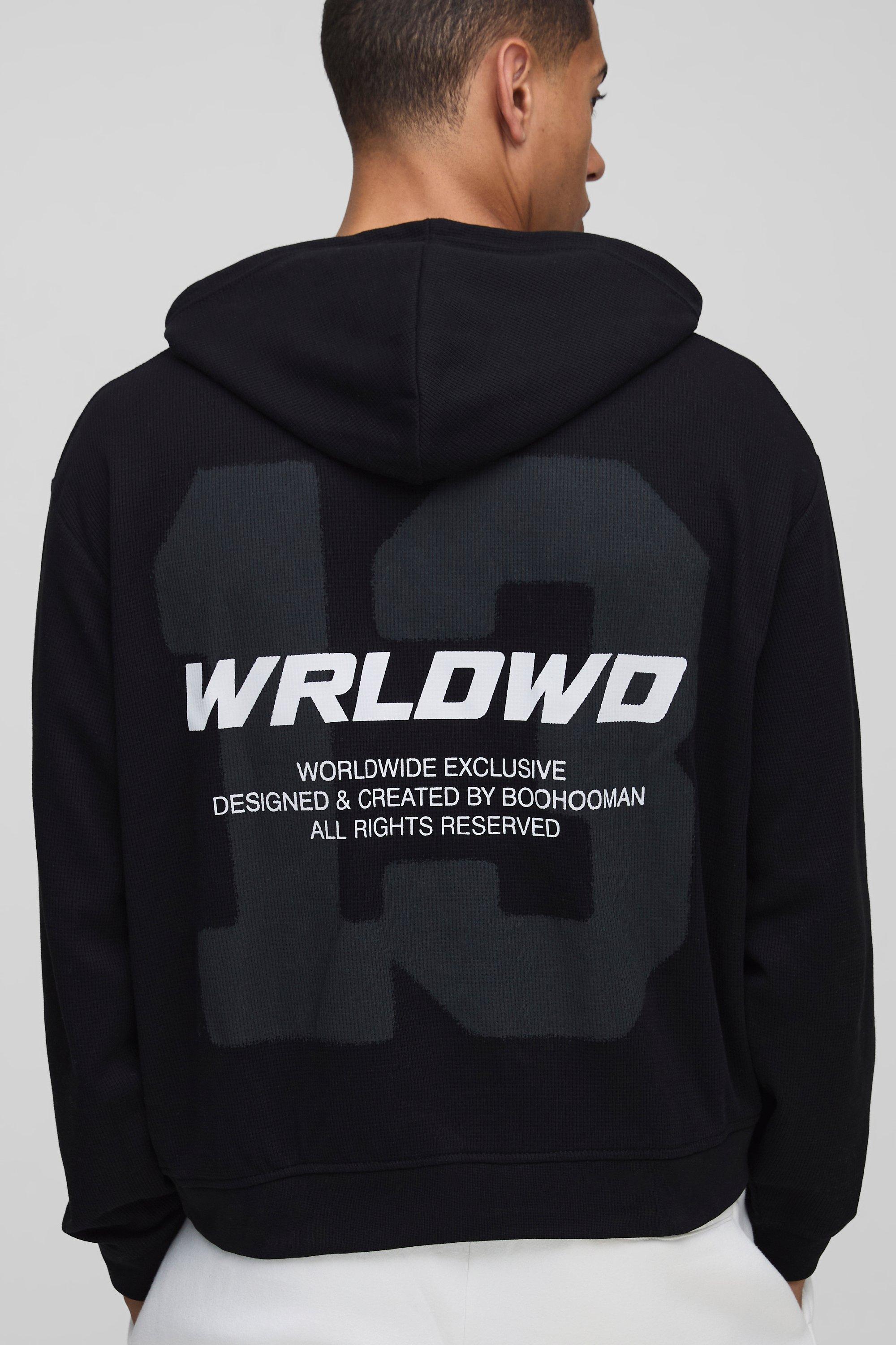 Image of Felpa squadrata oversize con stampa Waffle 13 e cappuccio, Nero
