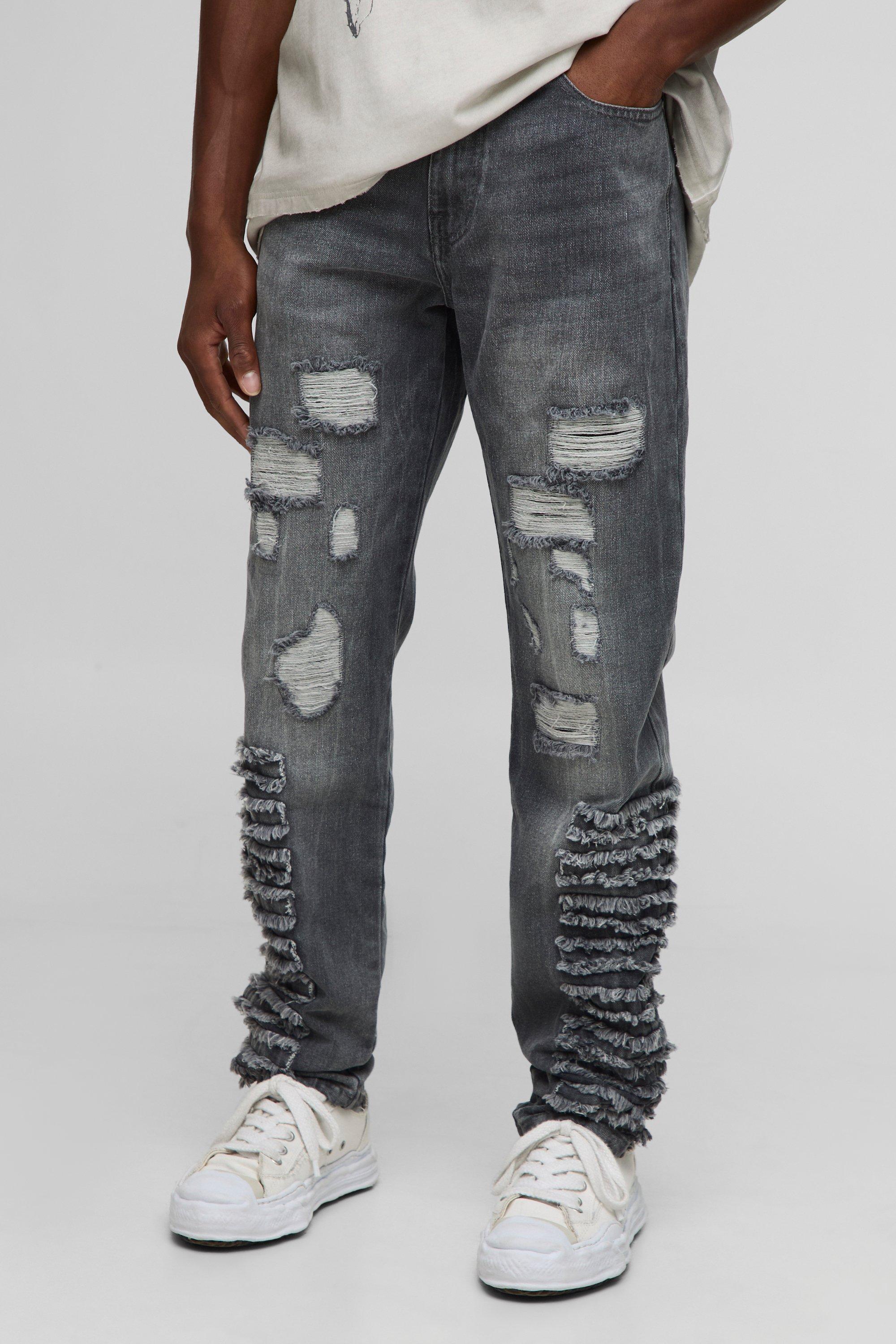 Image of Slim Stacked Ripped Charcoal Washed Jeans, Grigio