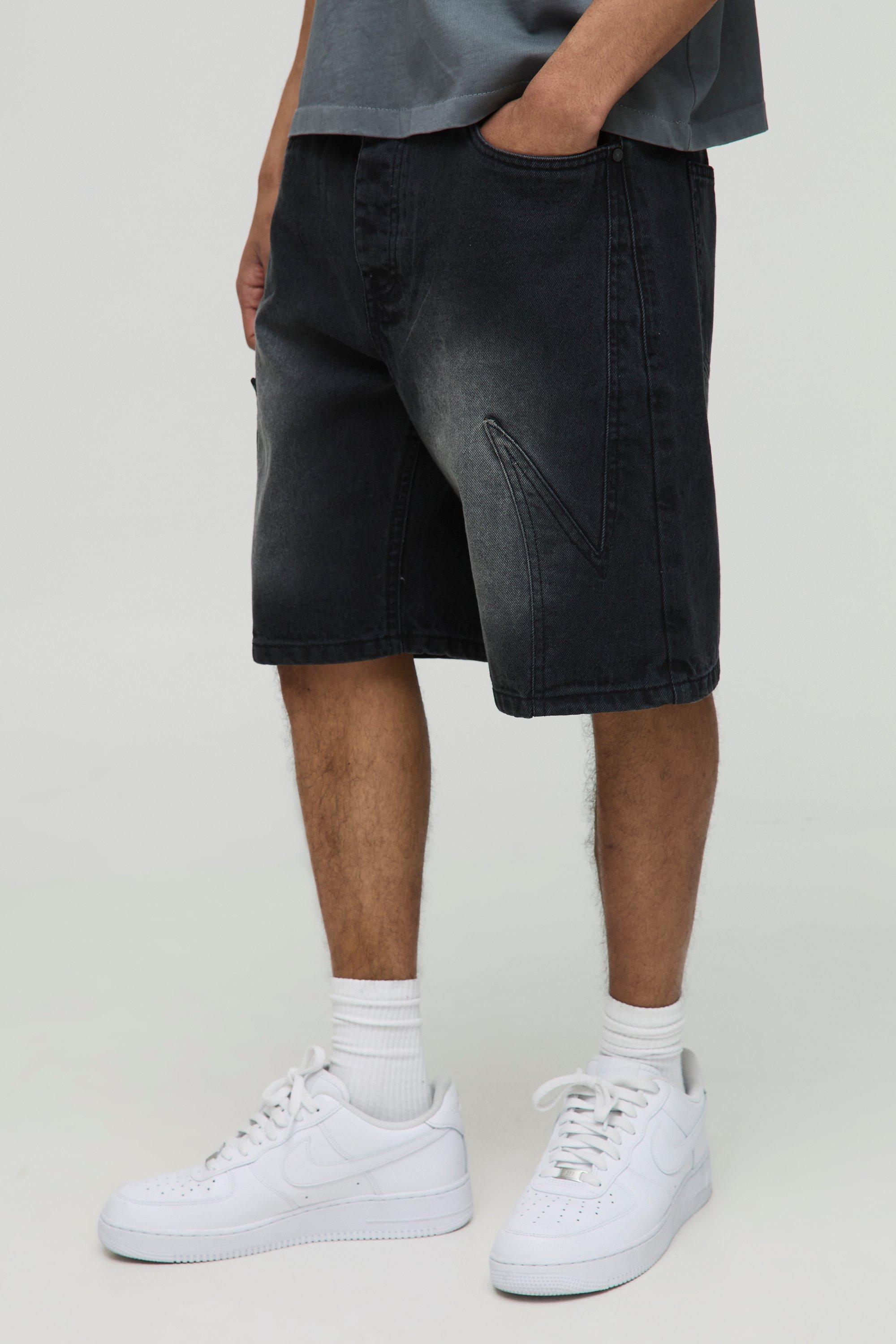 Mens Relaxed Long Length Panelled Washed Black Shorts, Black