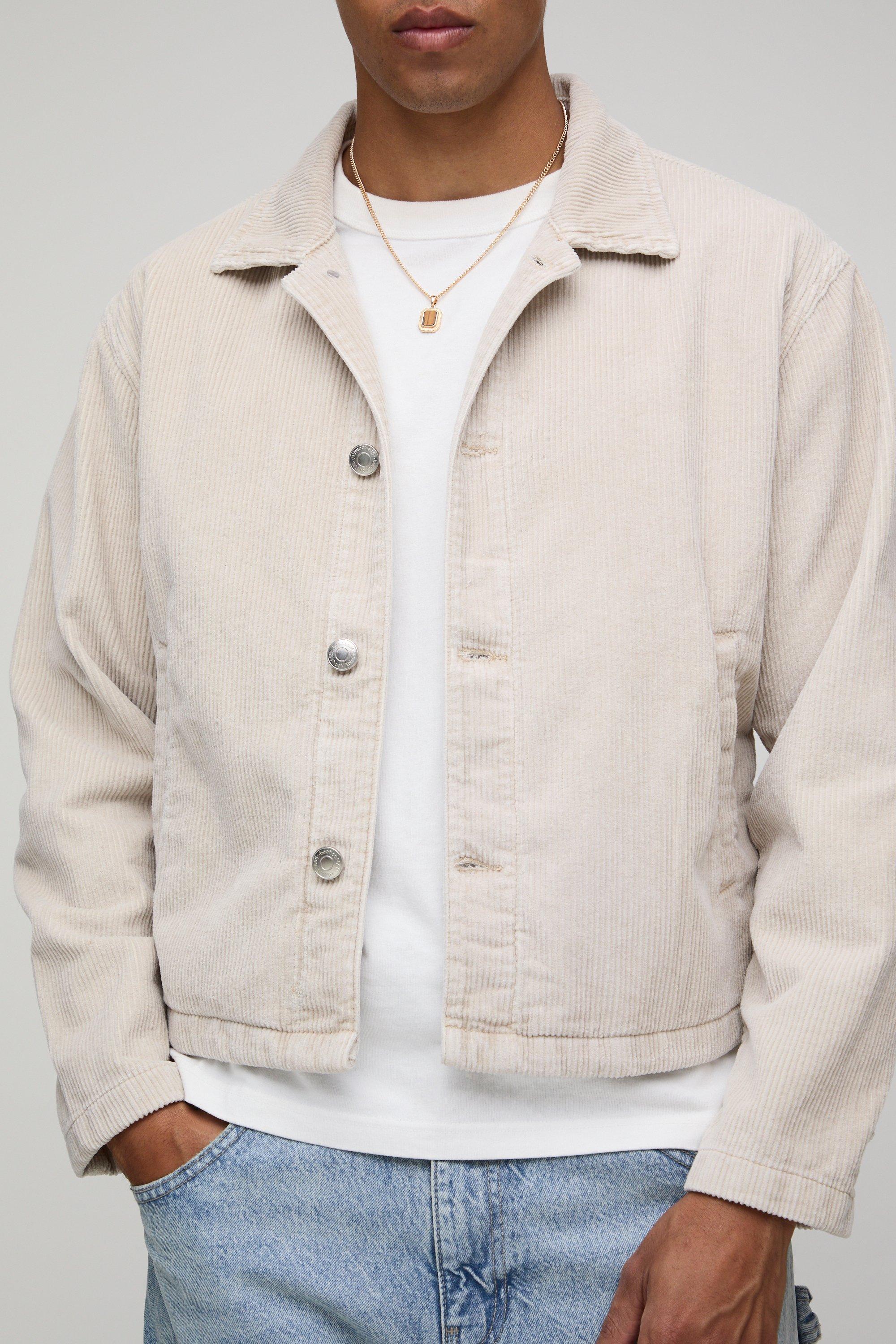 Mens Beige Regular Fit Acid Wash Corduroy Harrington Jacket, Beige
