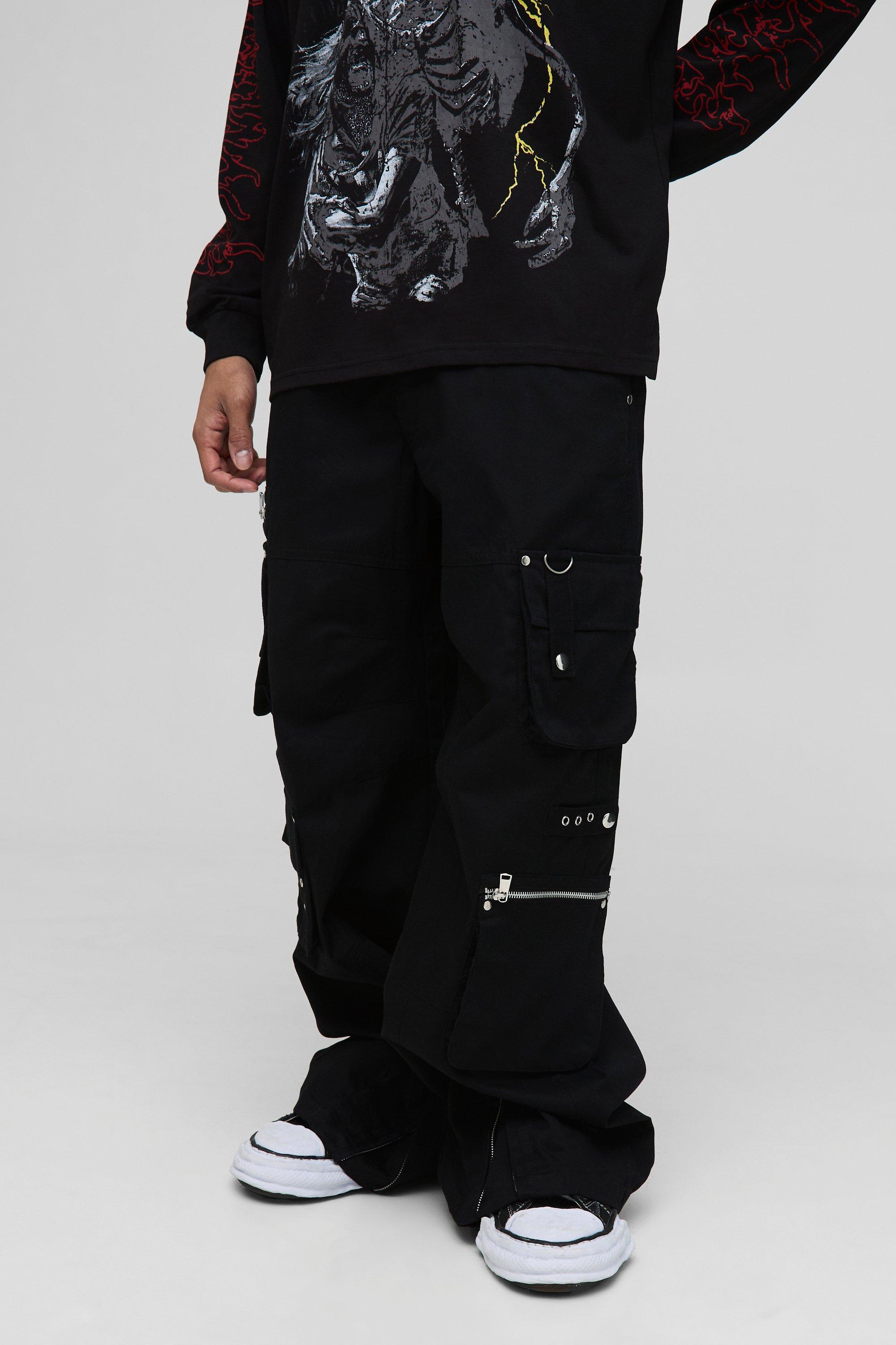 Mens Black Super Baggy Twill Multi Pocket Cargo Trousers, Black