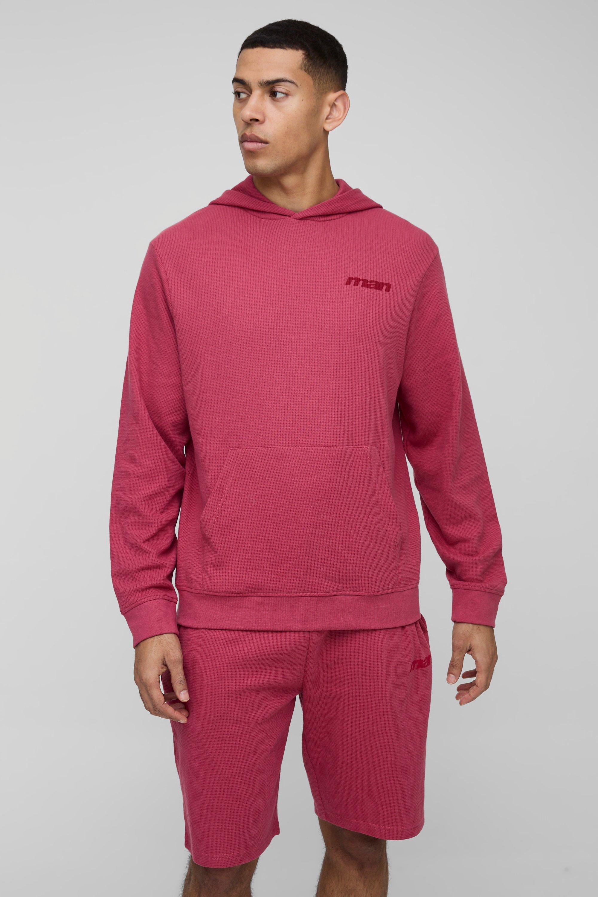 Mens Red Regular Fit Waffle MAN Varsity Hoodie, Red
