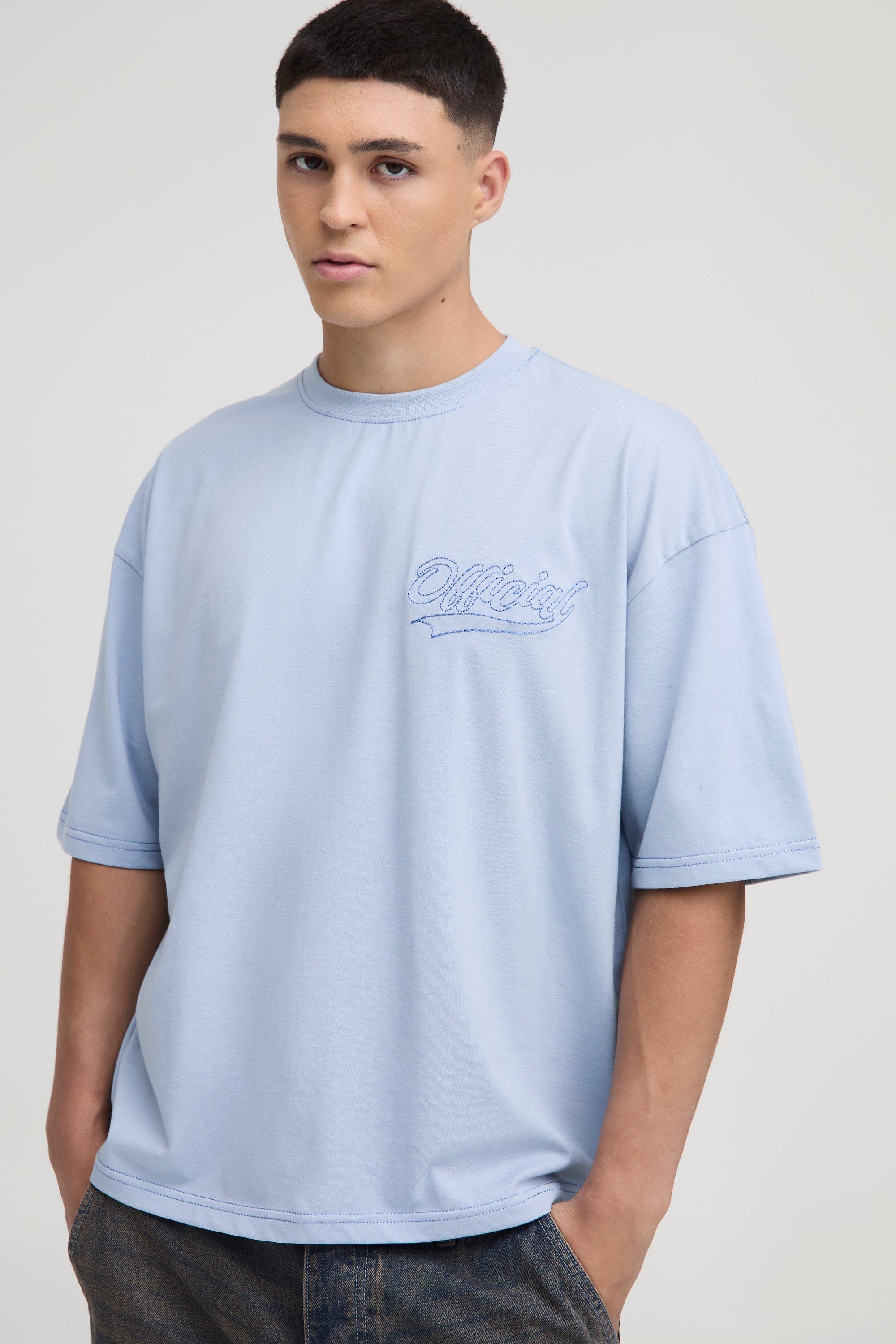 Mens Blue Oversized Boxy Official Contrast Stitch T-Shirt, Blue