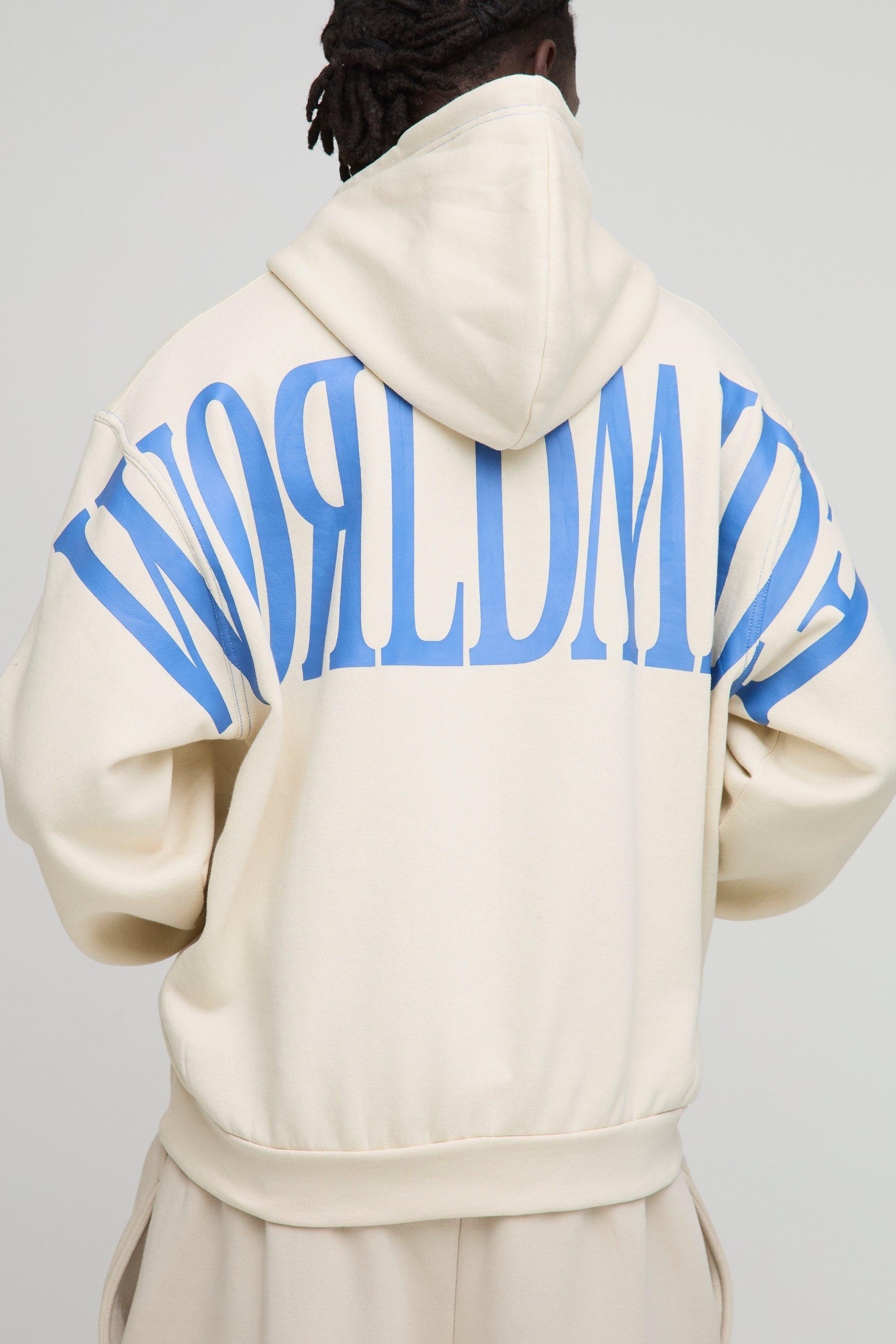Mens Beige Oversized Boxy Worldwide Contrast Stitch Hoodie, Beige