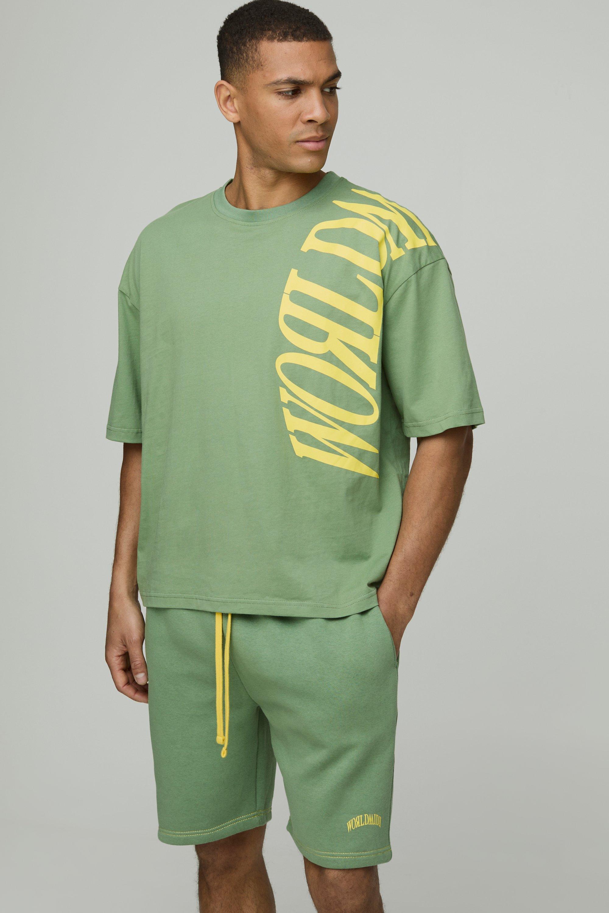 Mens Green Oversized Boxy Worldwide Over Seam Print T-Shirt & Short Set, Green