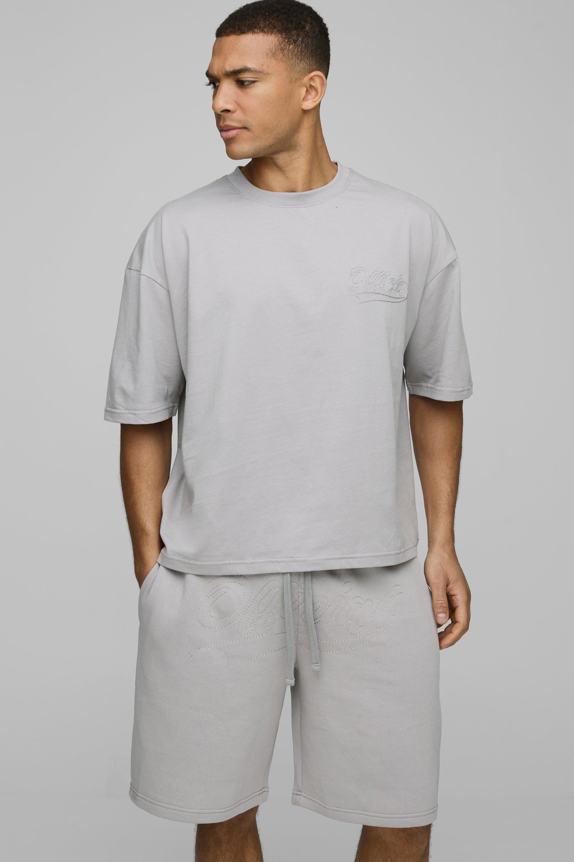 Mens Grey Oversized Boxy Official Contrast Stitch T-shirt and Short Set, Grey