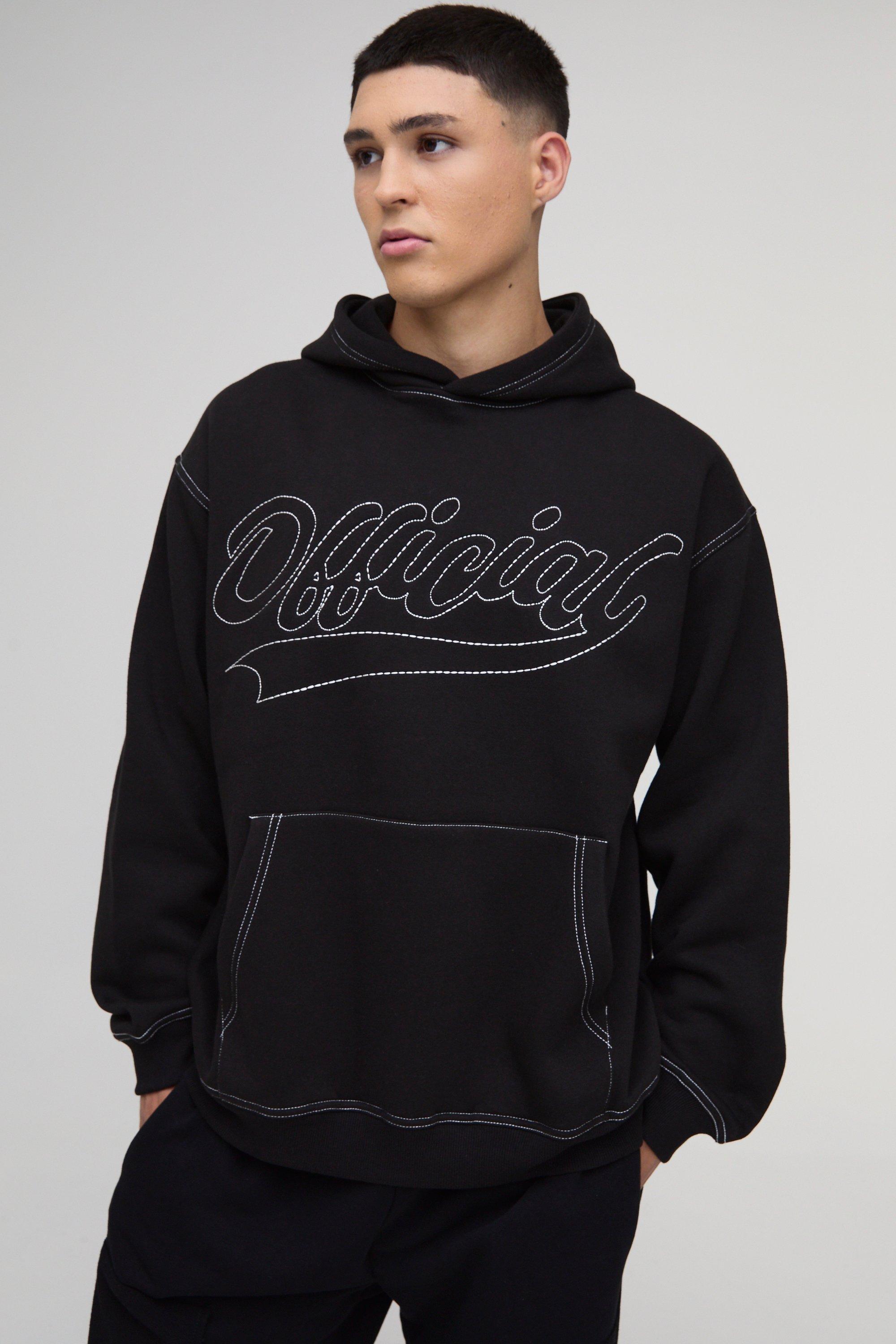 Image of Felpa squadrata oversize Official con cuciture a contrasto e cappuccio, Nero