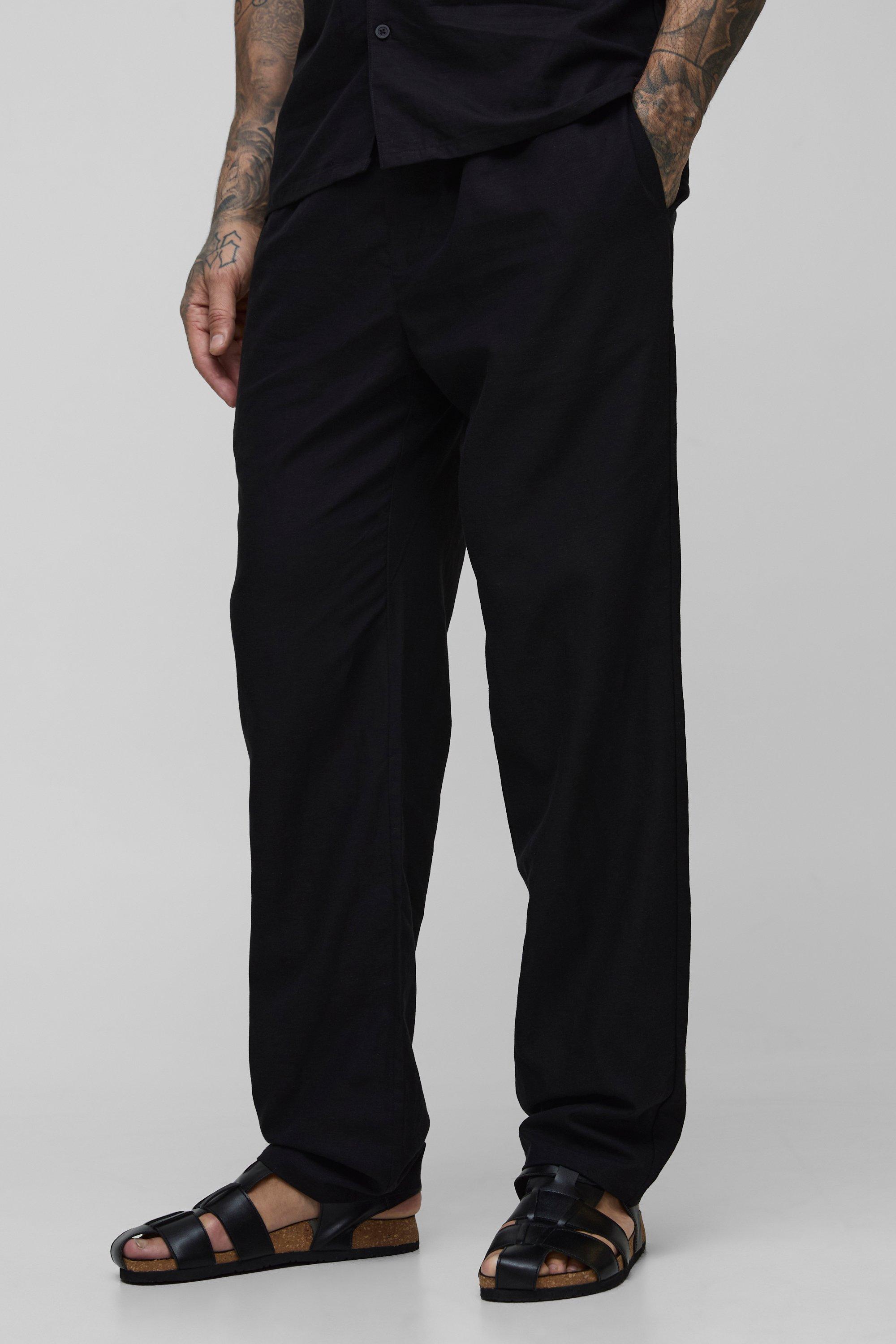 Mens Black Tall Linen Look Elasticated Waist Straight Leg Trousers, Black