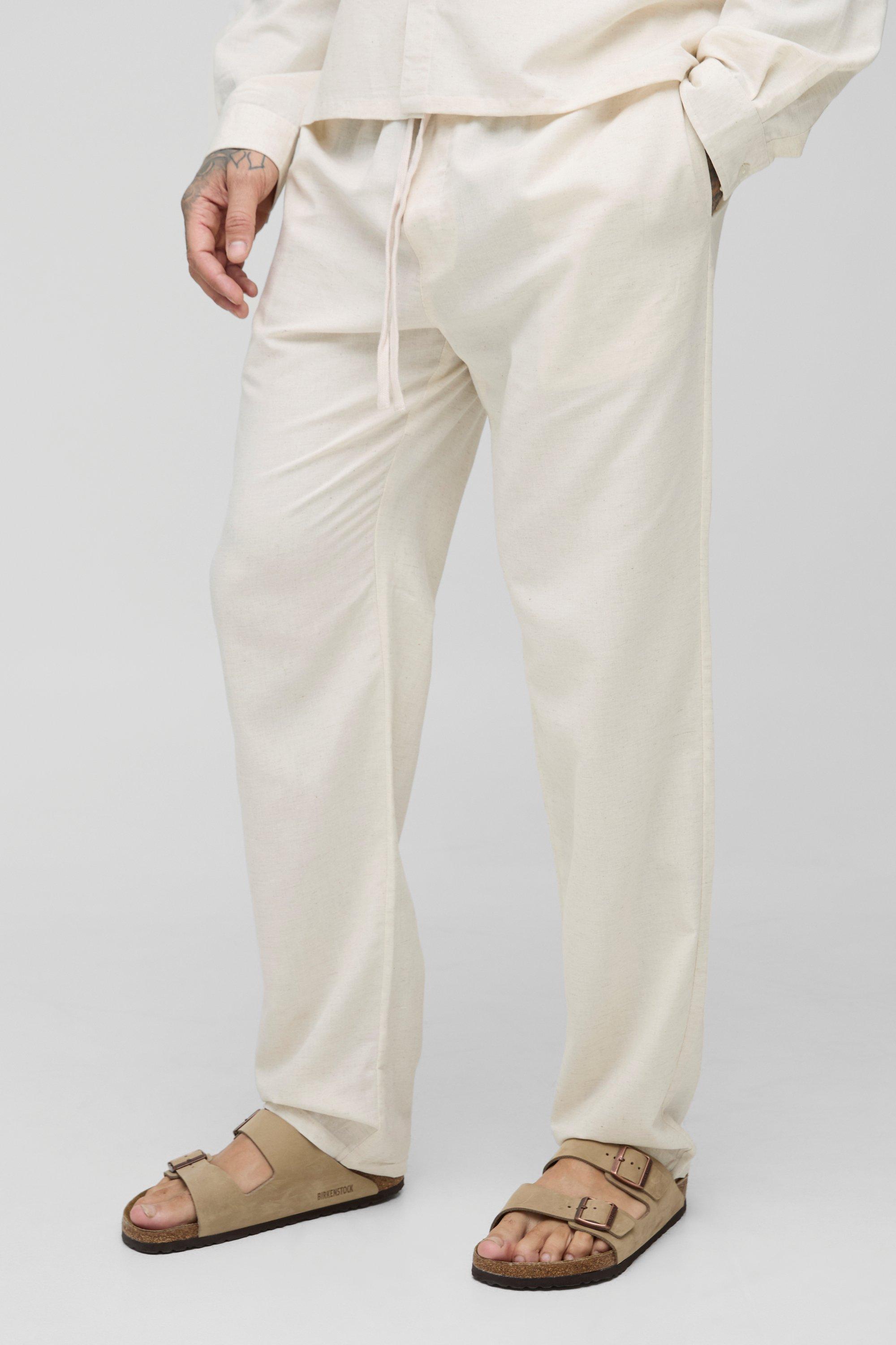 Mens Beige Tall Linen Look Elasticated Waist Straight Leg Trousers, Beige