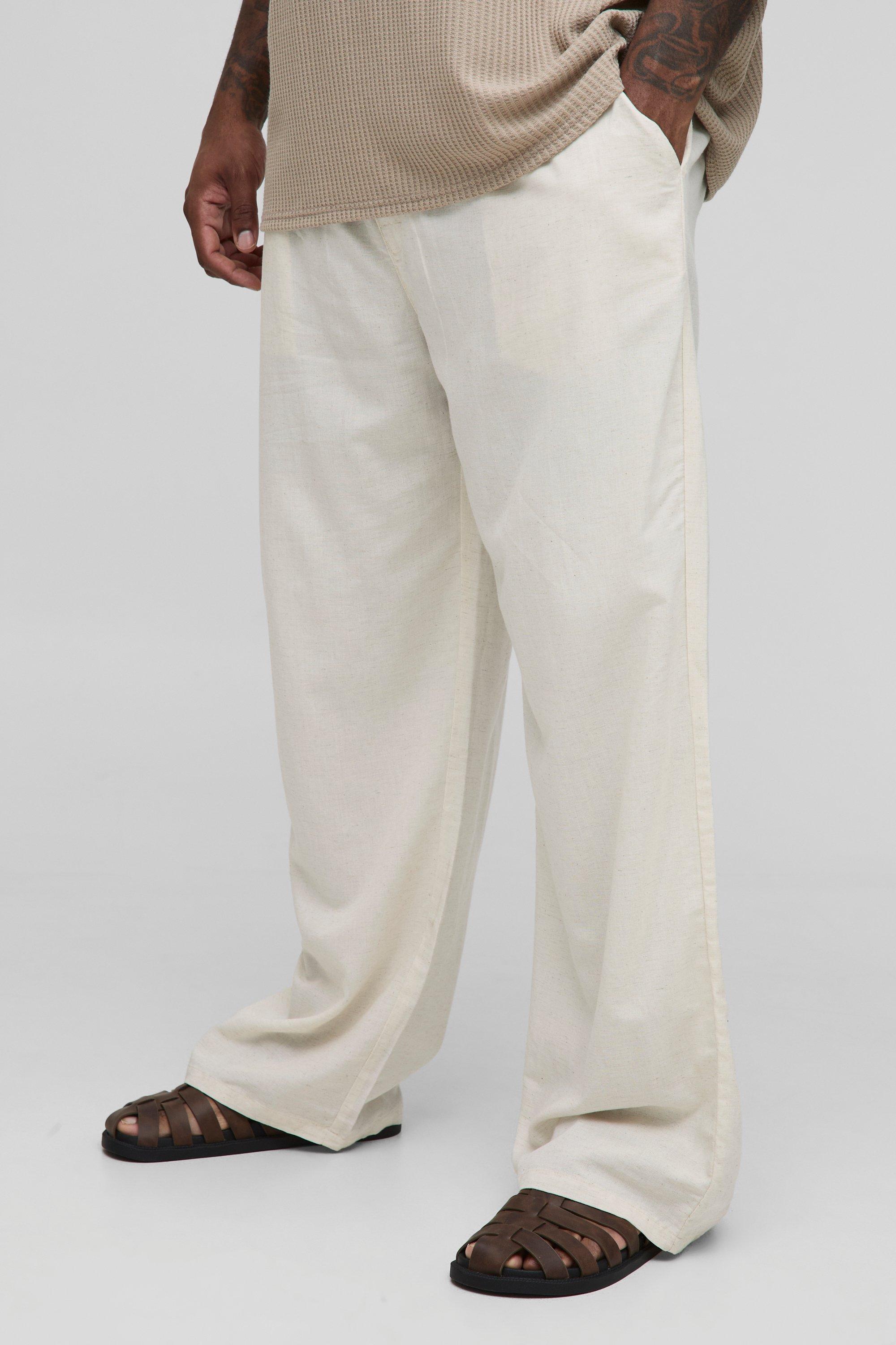Mens Beige Plus Linen Look Elasticated Waist Relaxed Trousers, Beige