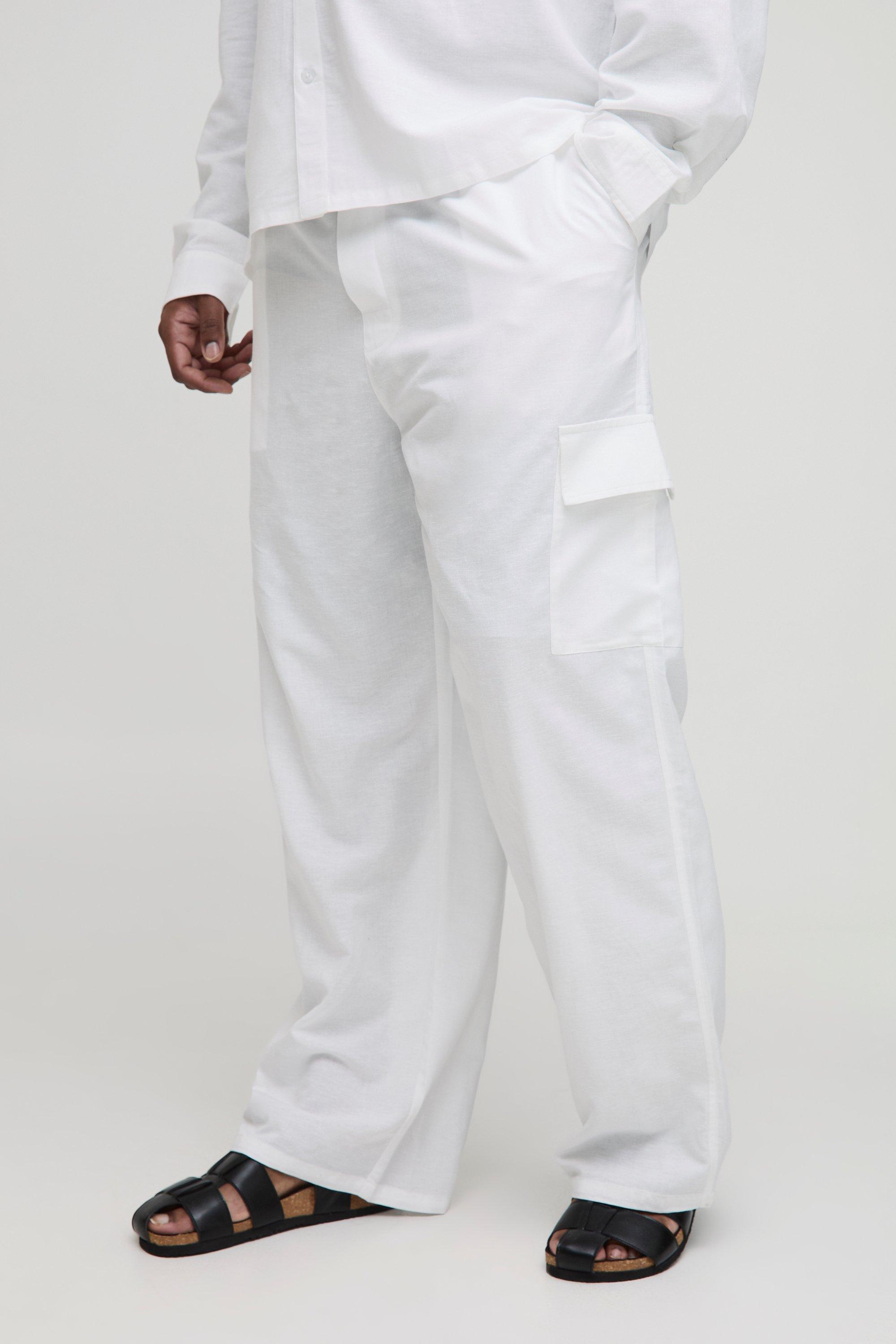 Mens White Plus Linen Look Elasticated Waist Relaxed Trousers, White