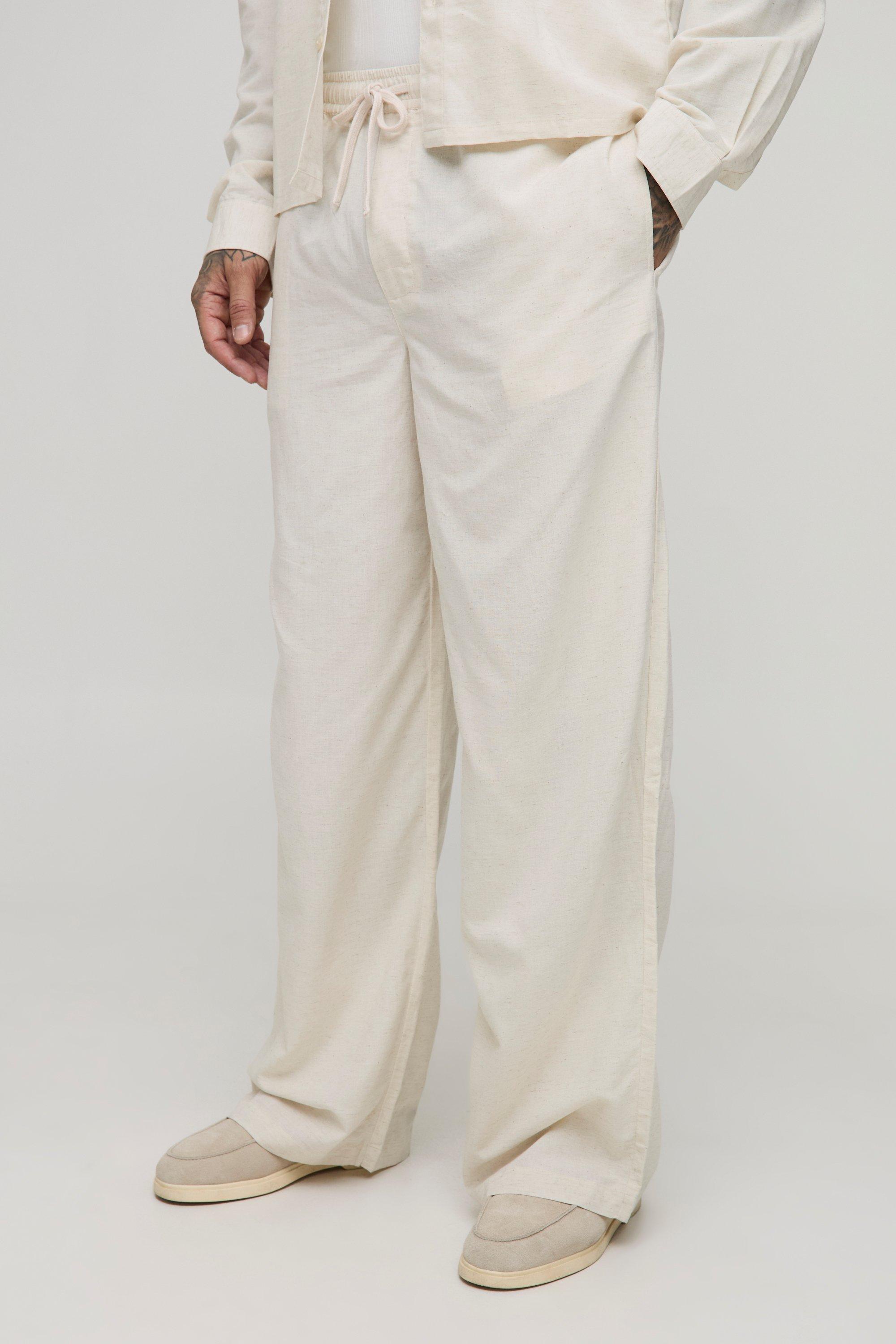 Mens Beige Tall Linen Look Elasticated Waist Baggy Trousers, Beige