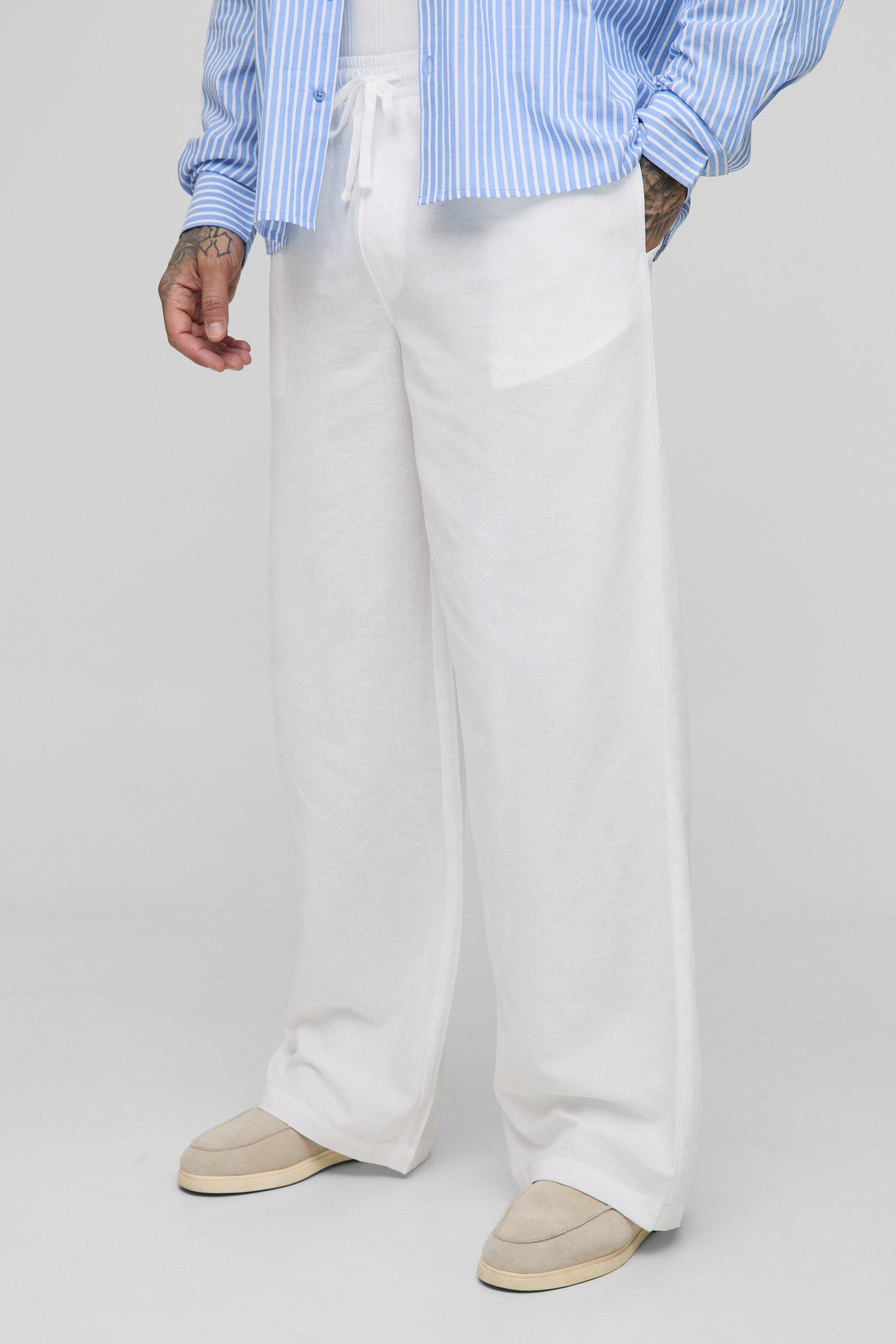 Mens White Tall Linen Look Elasticated Waist Baggy Trousers, White