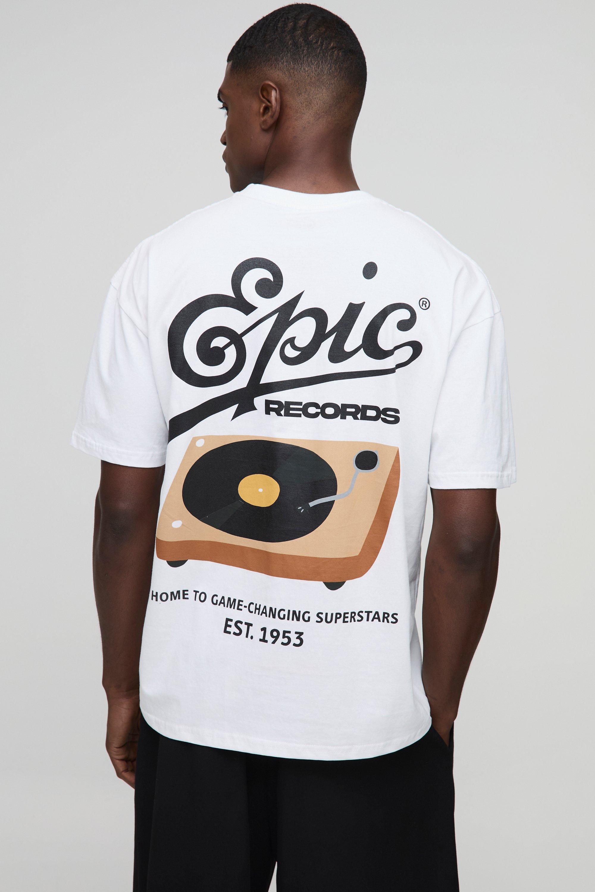 Mens White Oversized Epic Records License Printed T-Shirt, White