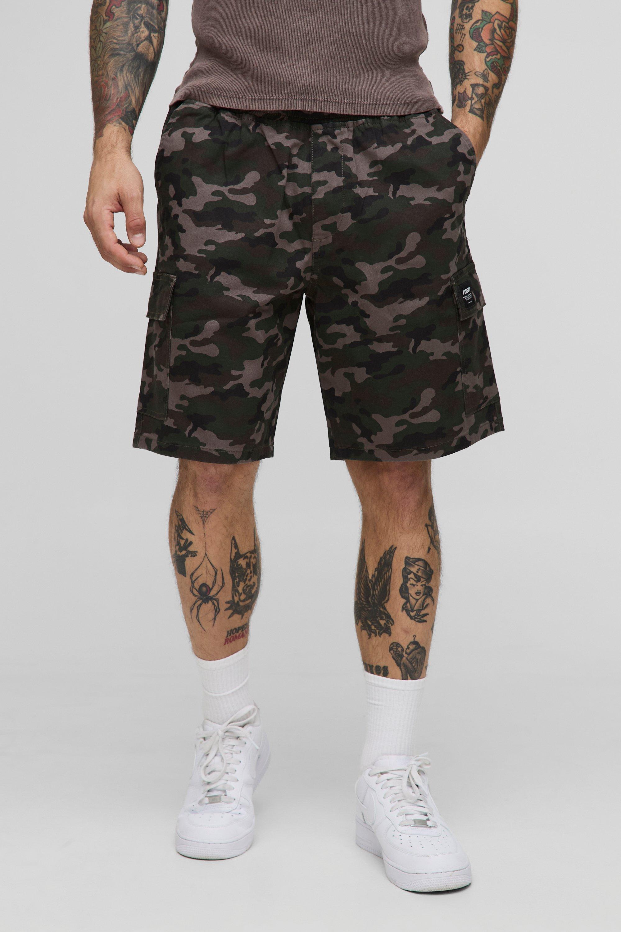 Mens Multi Elasticated Waist Relaxed Mid Length Camo Cargo Shorts, Multi