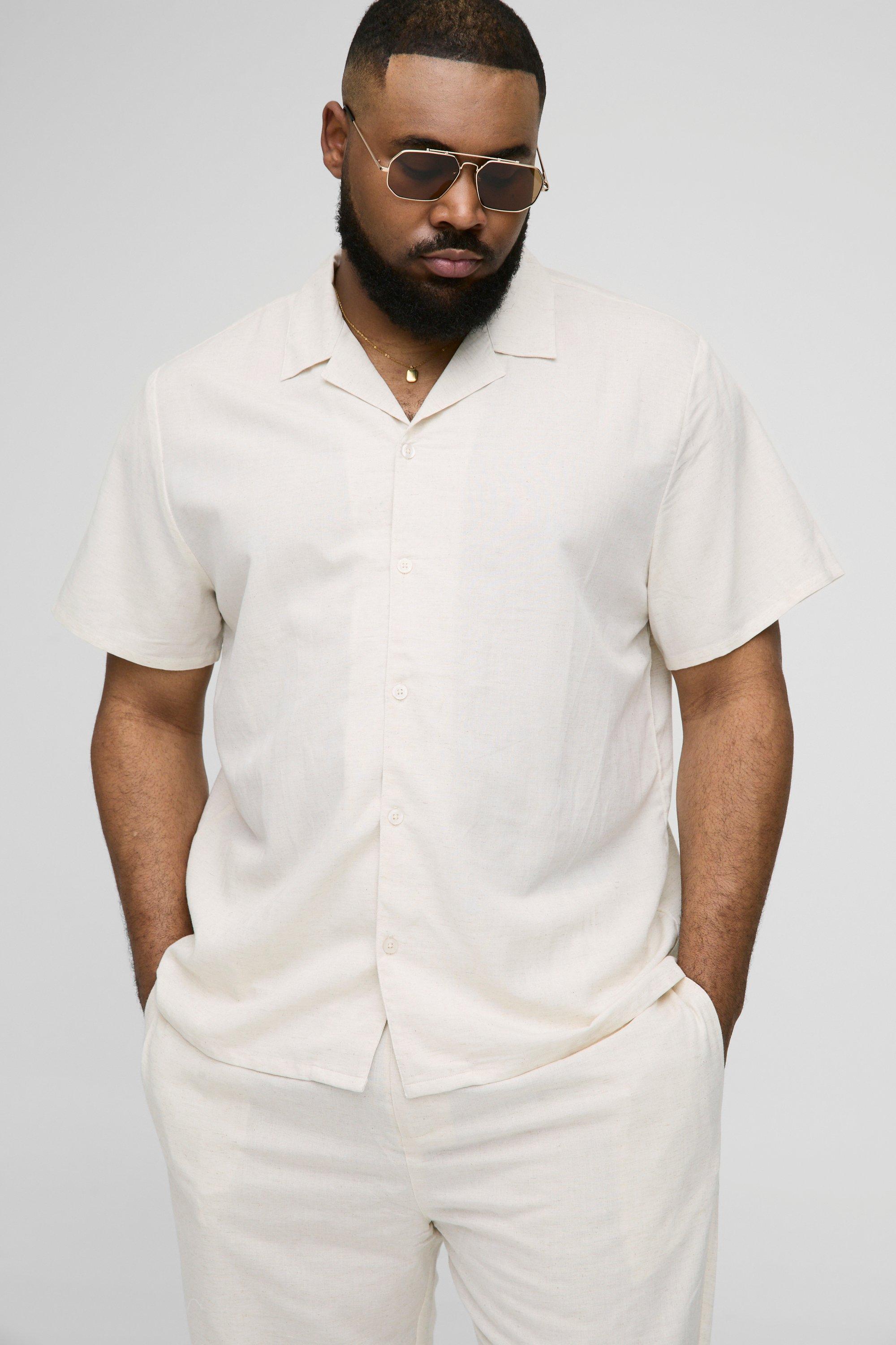 Mens Beige Plus Regular Fit Linen Look Revere Shirt, Beige