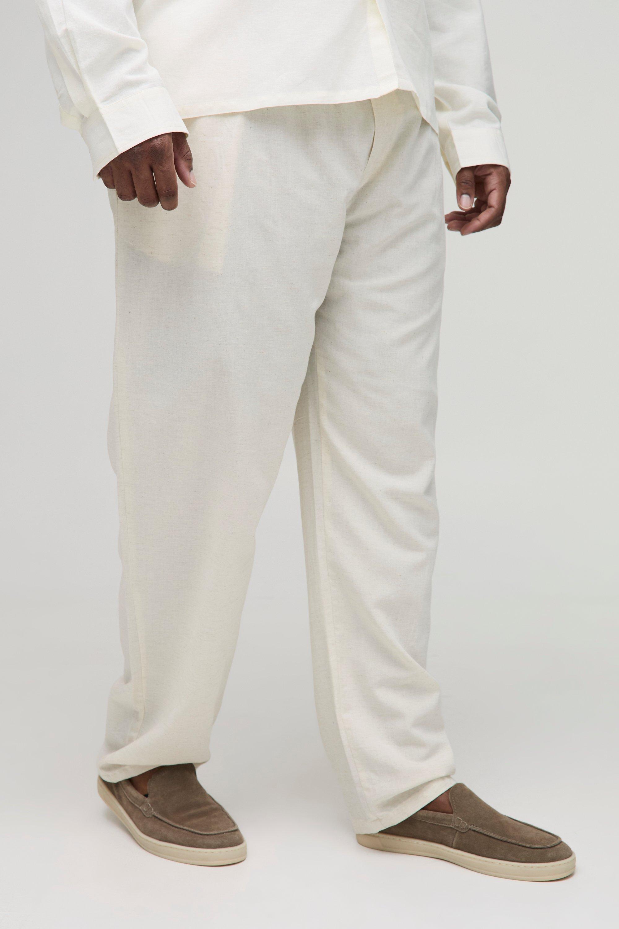 Mens Beige Plus Linen Look Elasticated Waist Straight Leg Trousers, Beige