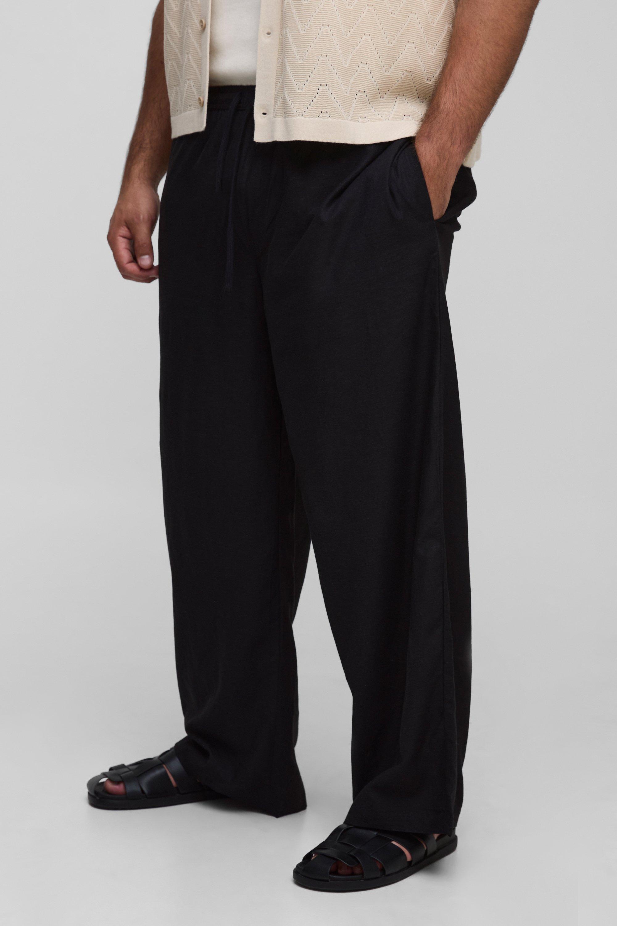 Mens Black Plus Linen Look Elasticated Waist Baggy Trousers, Black