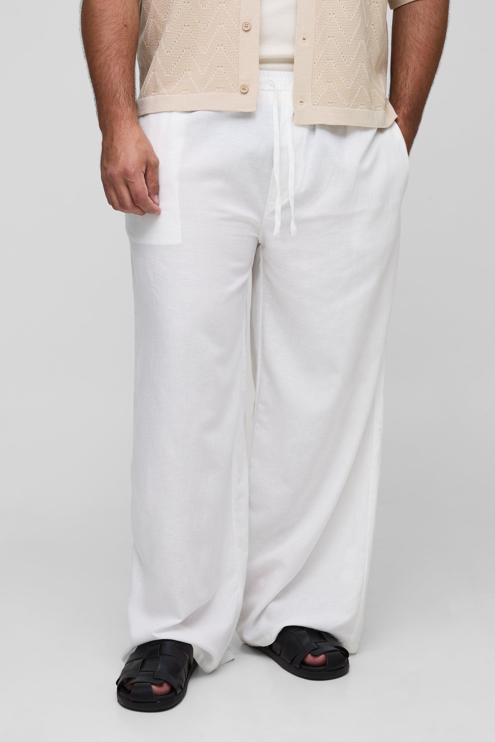 Mens White Plus Linen Look Elasticated Waist Baggy Trousers, White