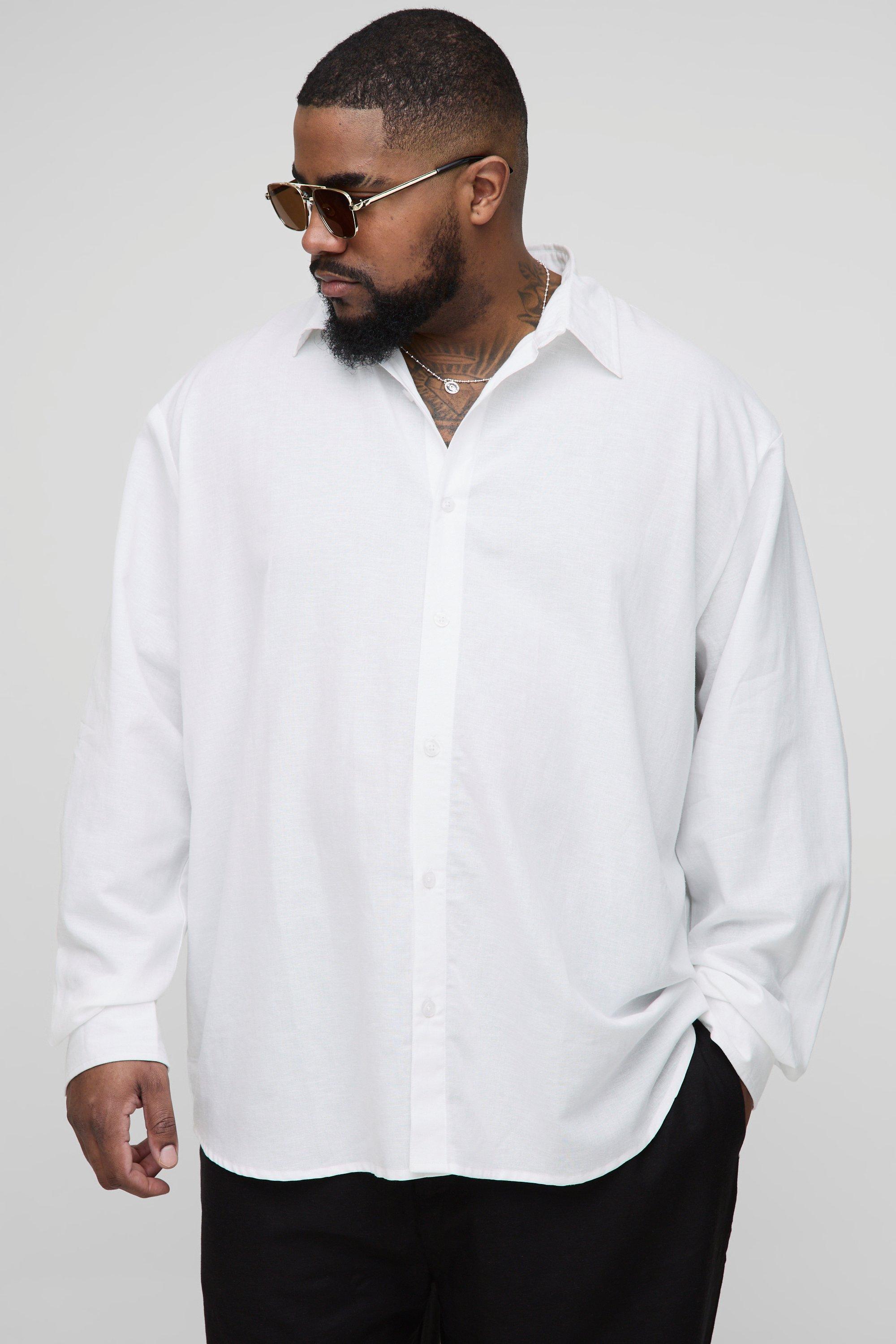 Mens White Plus Long Sleeve Super Oversized Linen Blend Shirt, White