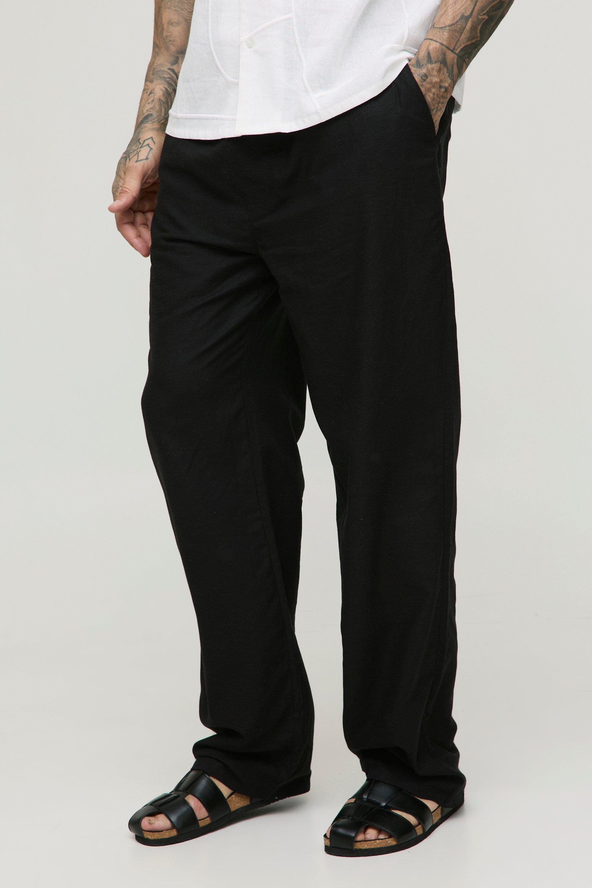 Mens Black Tall Linen Look Elasticated Waist Relaxed Trousers, Black