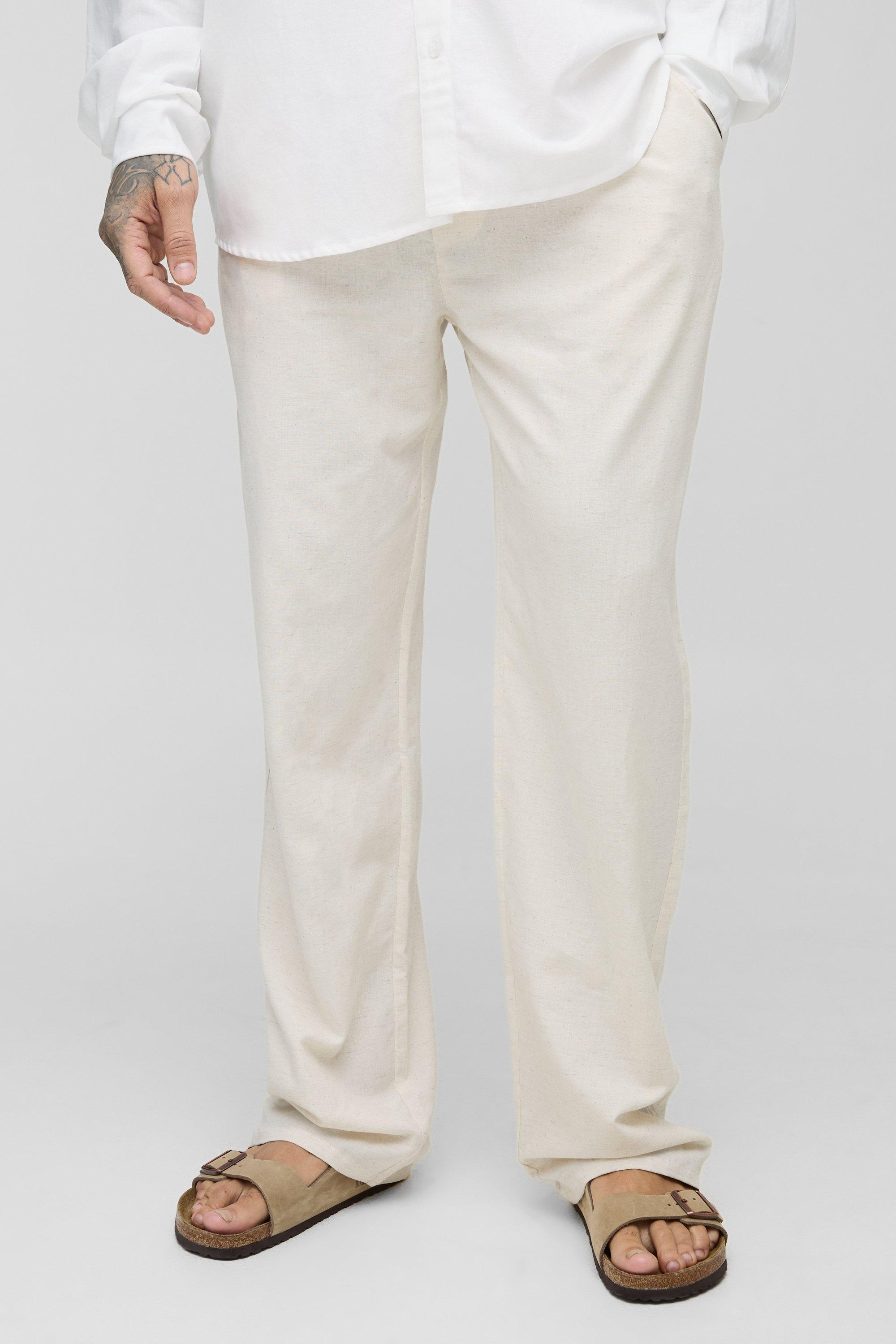 Mens Beige Tall Linen Look Elasticated Waist Relaxed Trousers, Beige