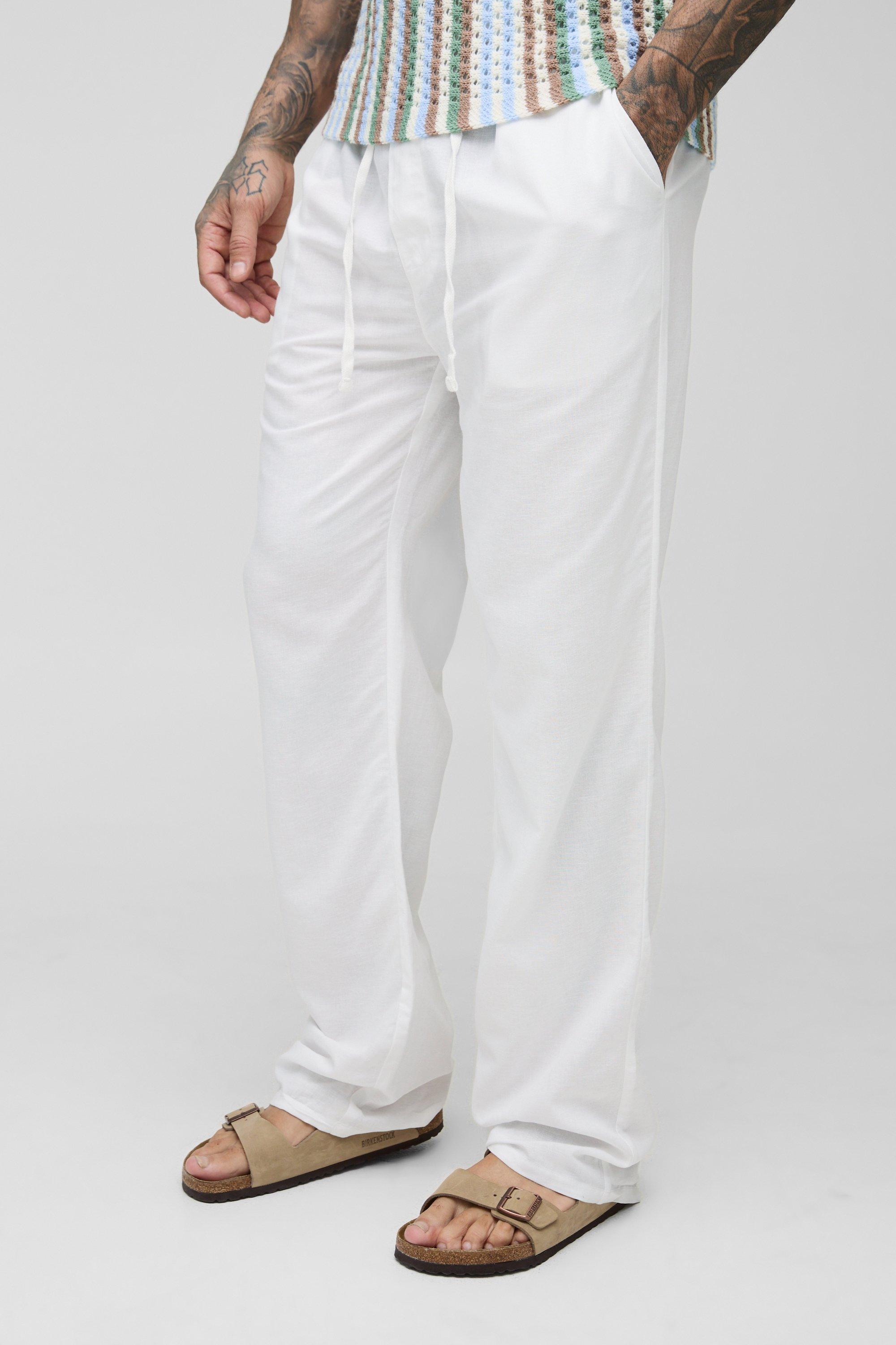 Mens White Tall Linen Look Elasticated Waist Relaxed Trousers, White
