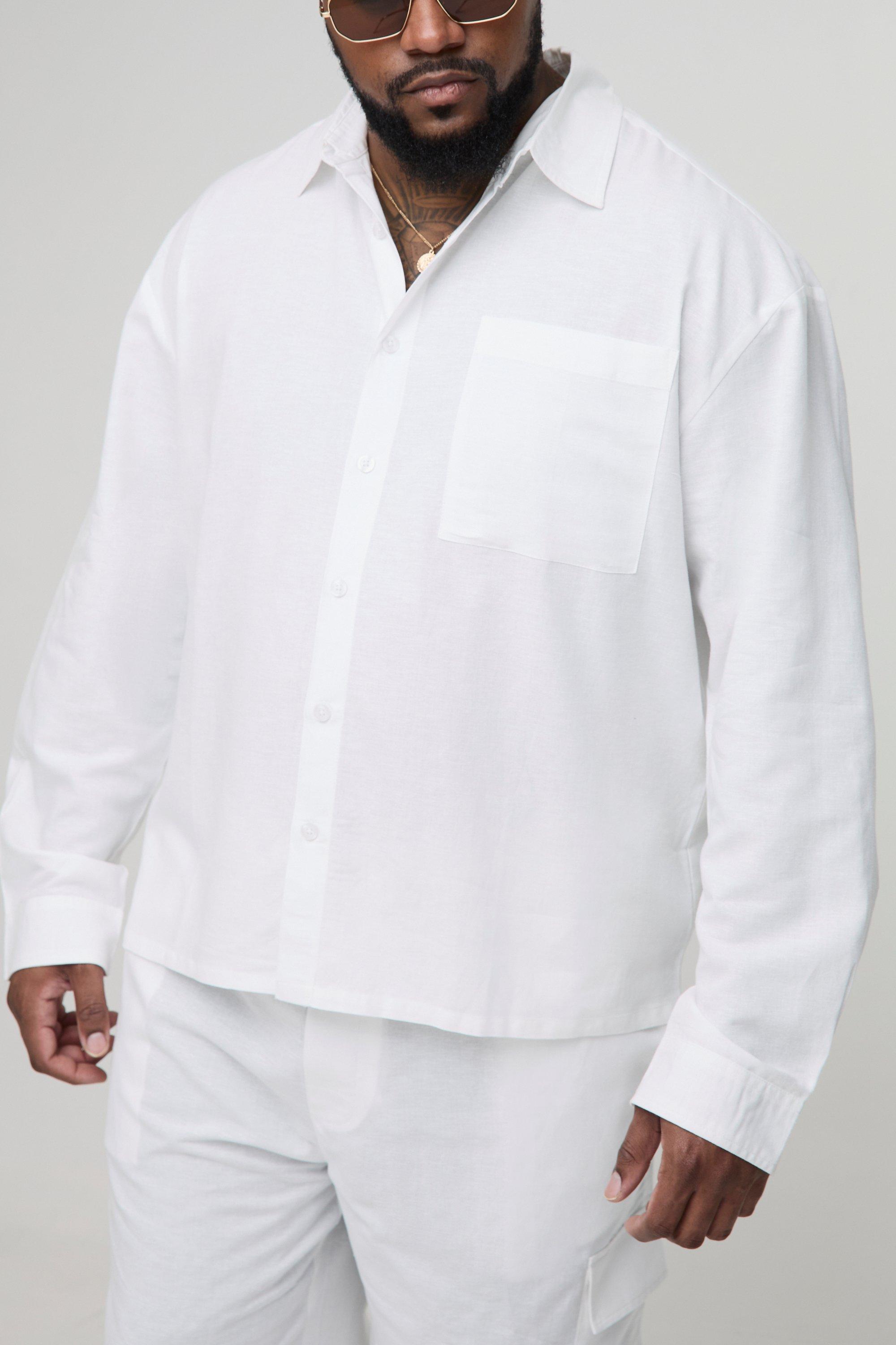 Mens White Plus Long Sleeve Linen Look Regular Overshirt, White
