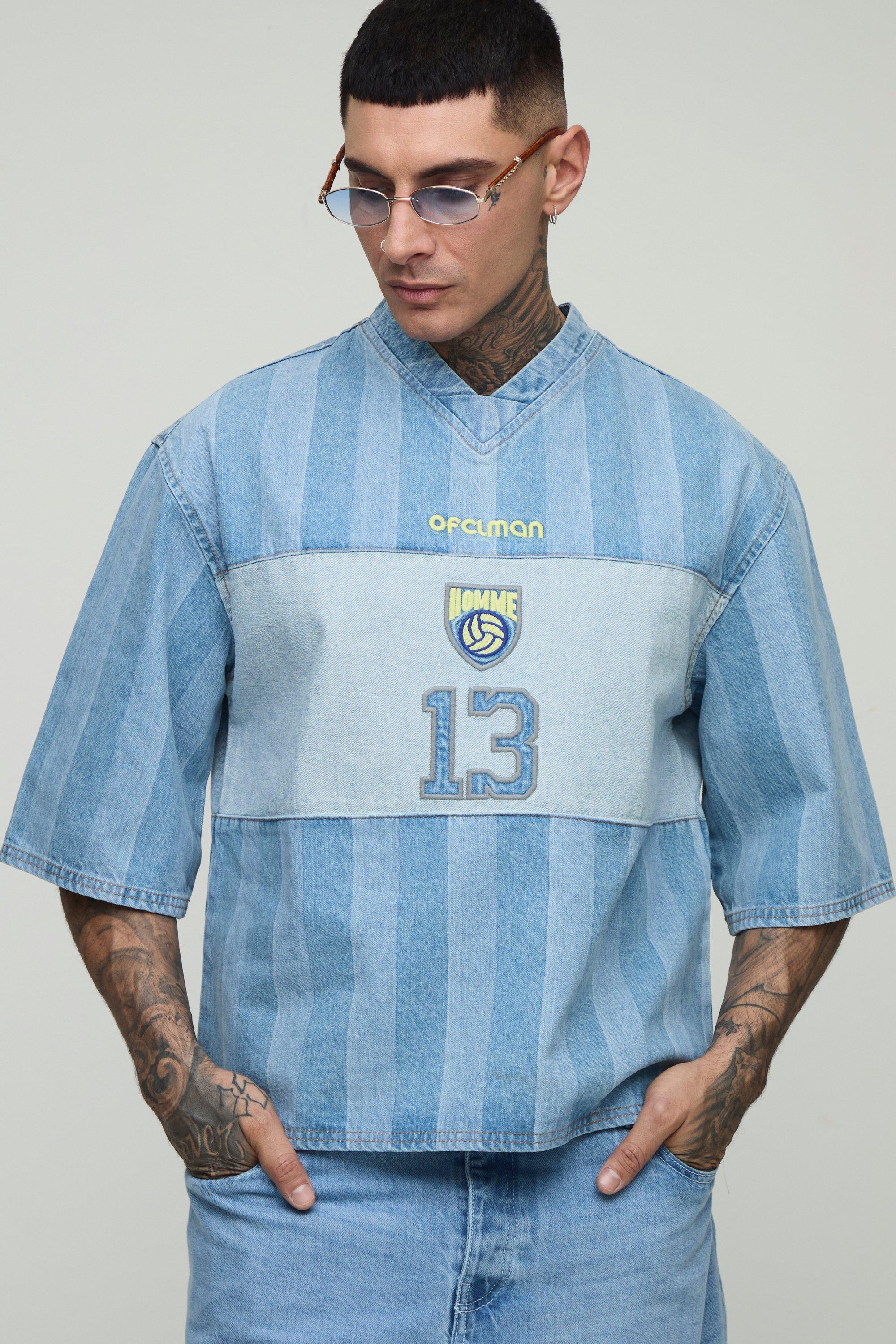 Mens Blue Tall Oversized Embroidery Football Denim T-Shirt, Blue