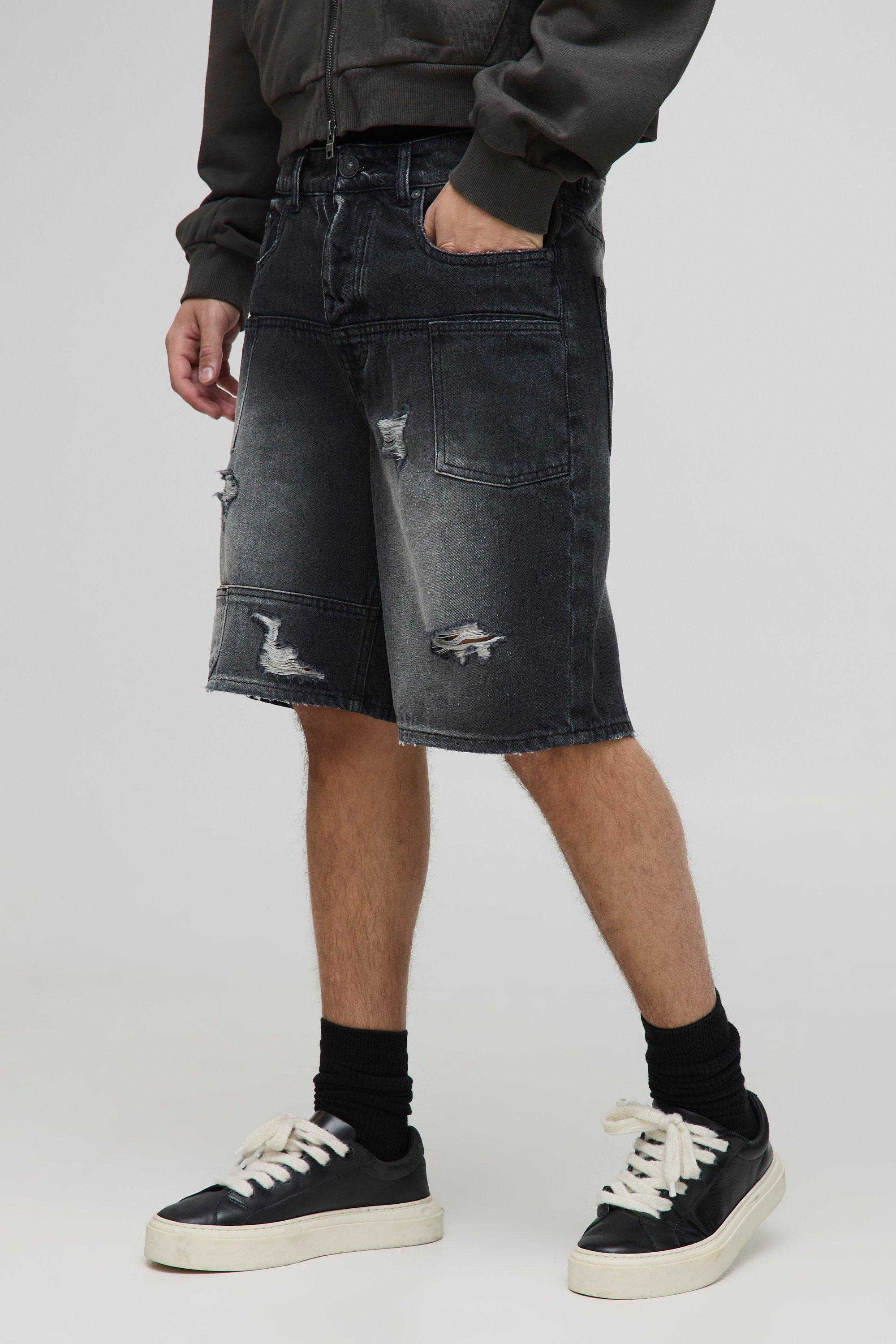 Mens Black Relaxed Rigid Washed Ripped Pocket Detail Denim Shorts, Black