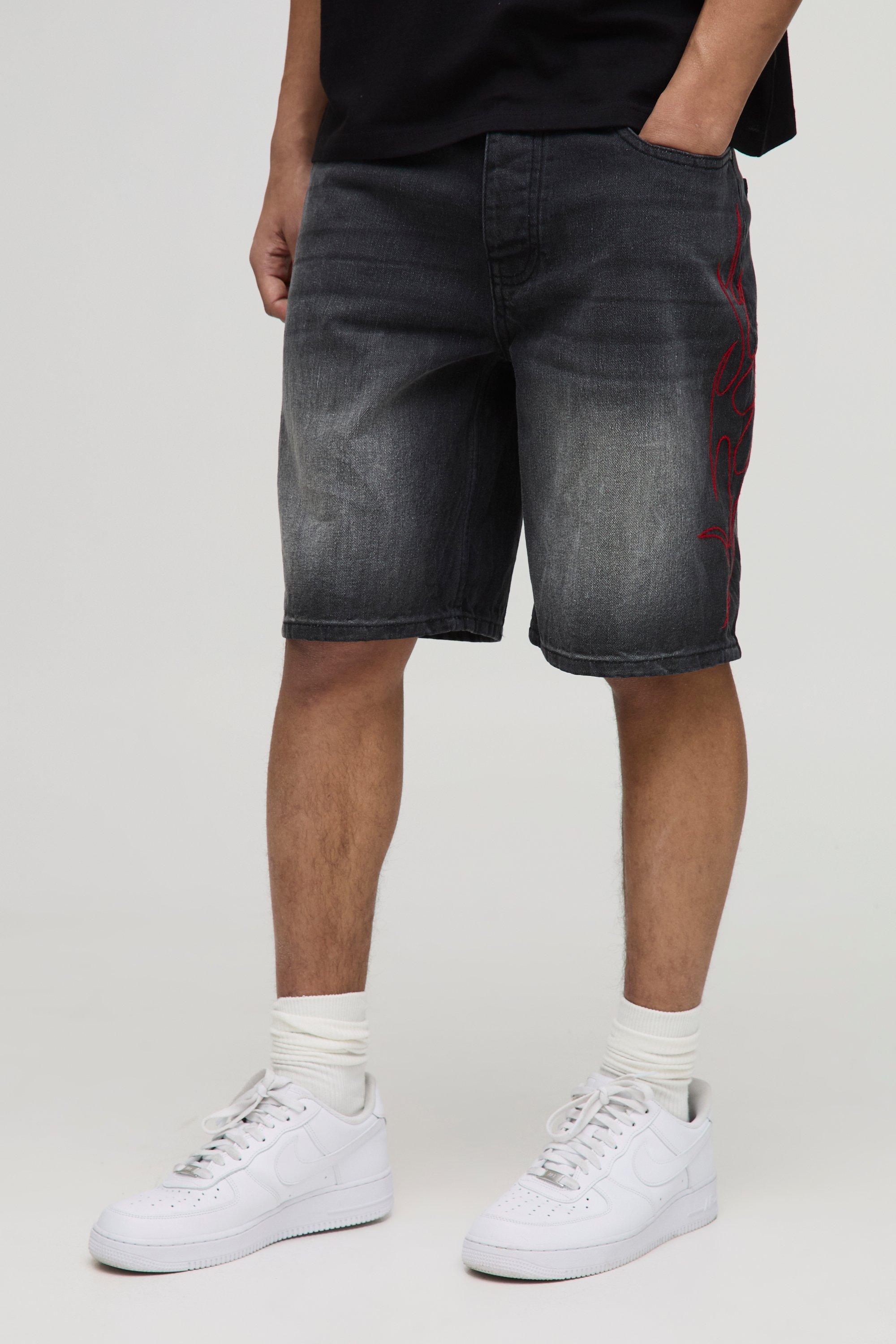 Mens Black Relaxed Rigid Tribal Embroidered Denim Shorts, Black