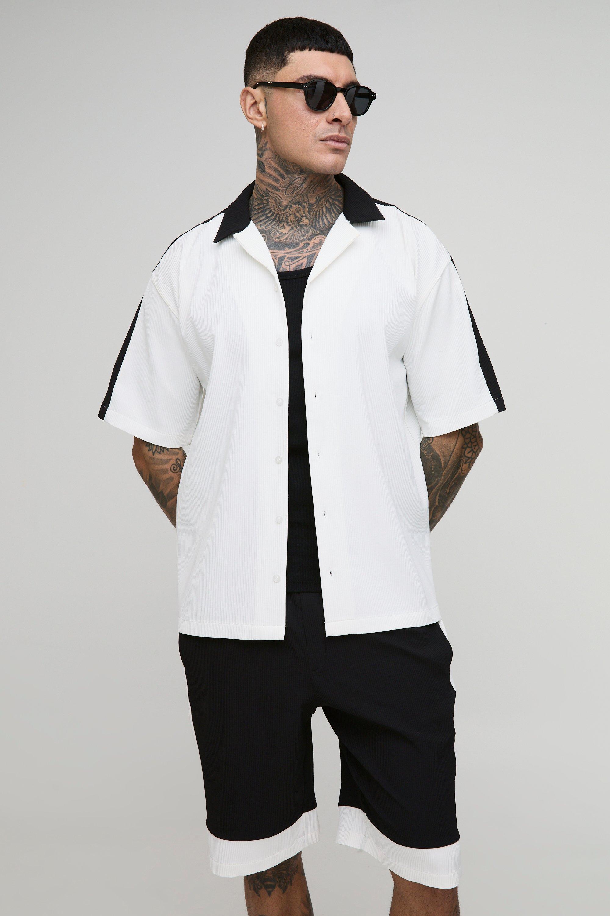 Mens Black Tall Oversized Pleated Short Sleeve Panel Shirt & Short Set, Black