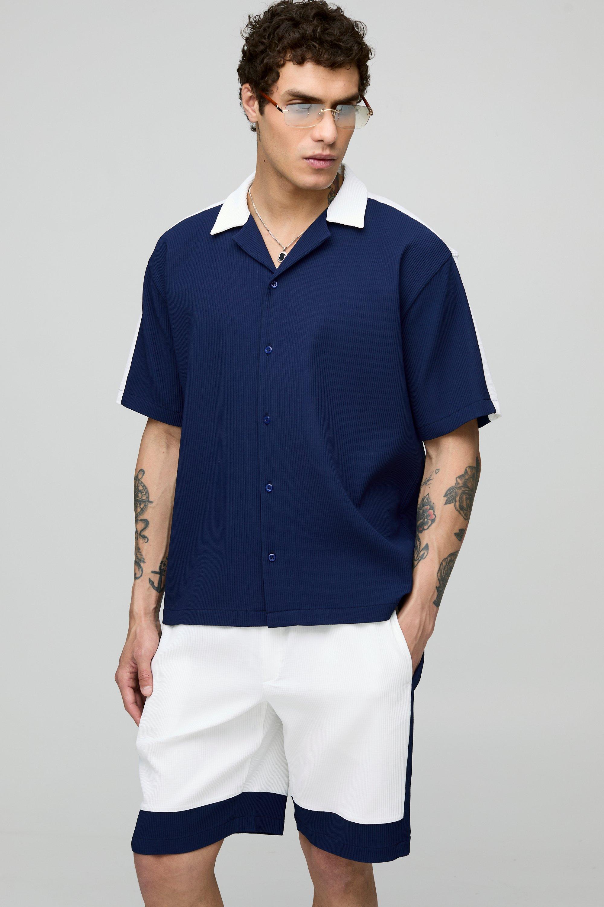 Oversized Pleated Short Sleeve Panel Shirt & Short Set