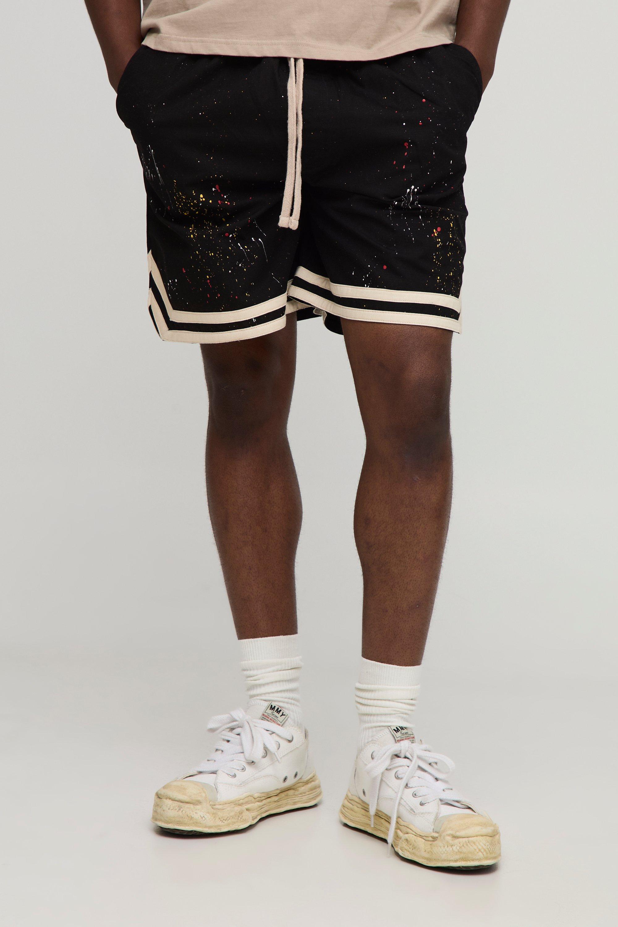 Mens Black Elasticated Waist Cotton Ripstop Paint Splatter Basketball Shorts, Black
