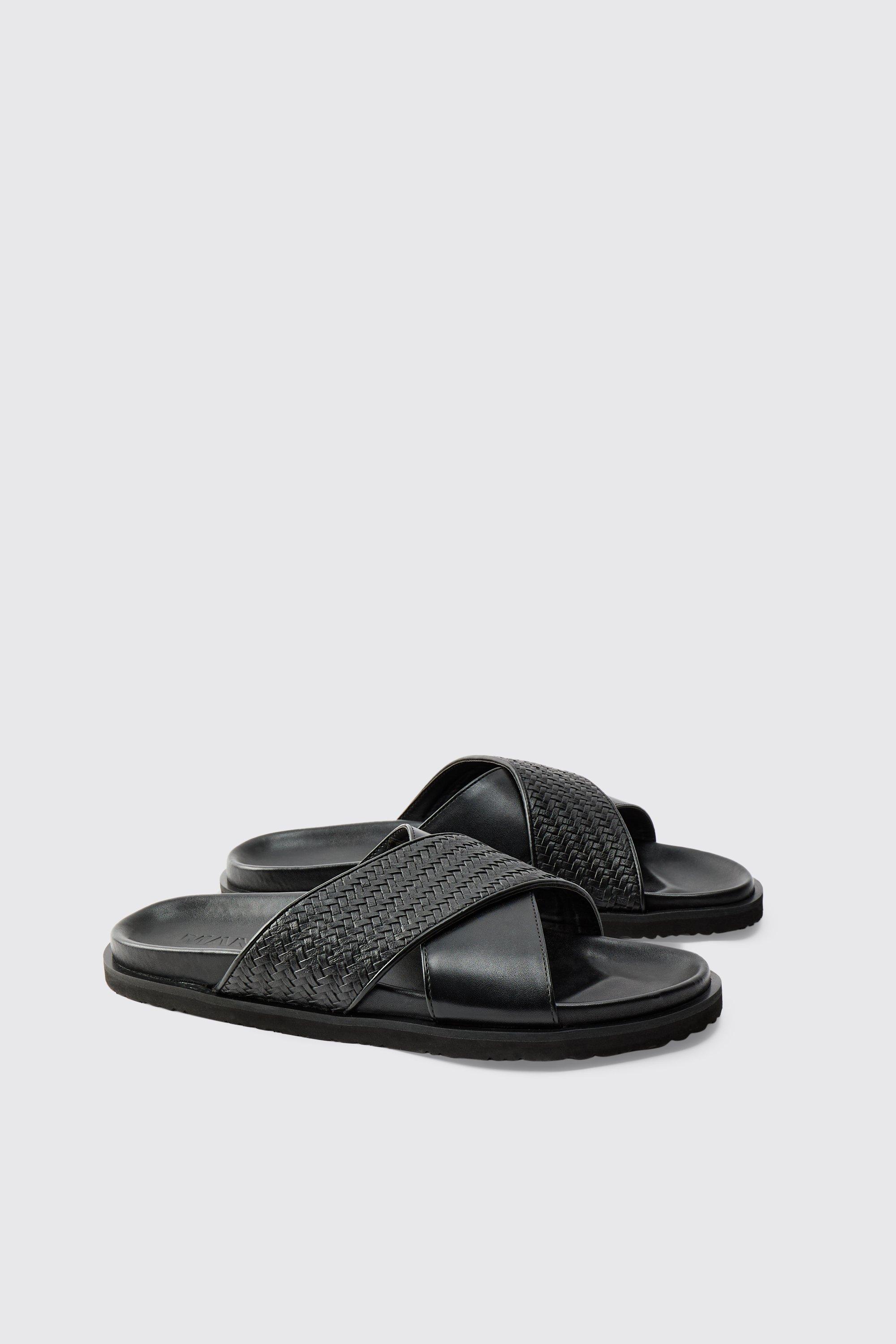 Mens Black Faux Leather Woven Mix Sandal, Black
