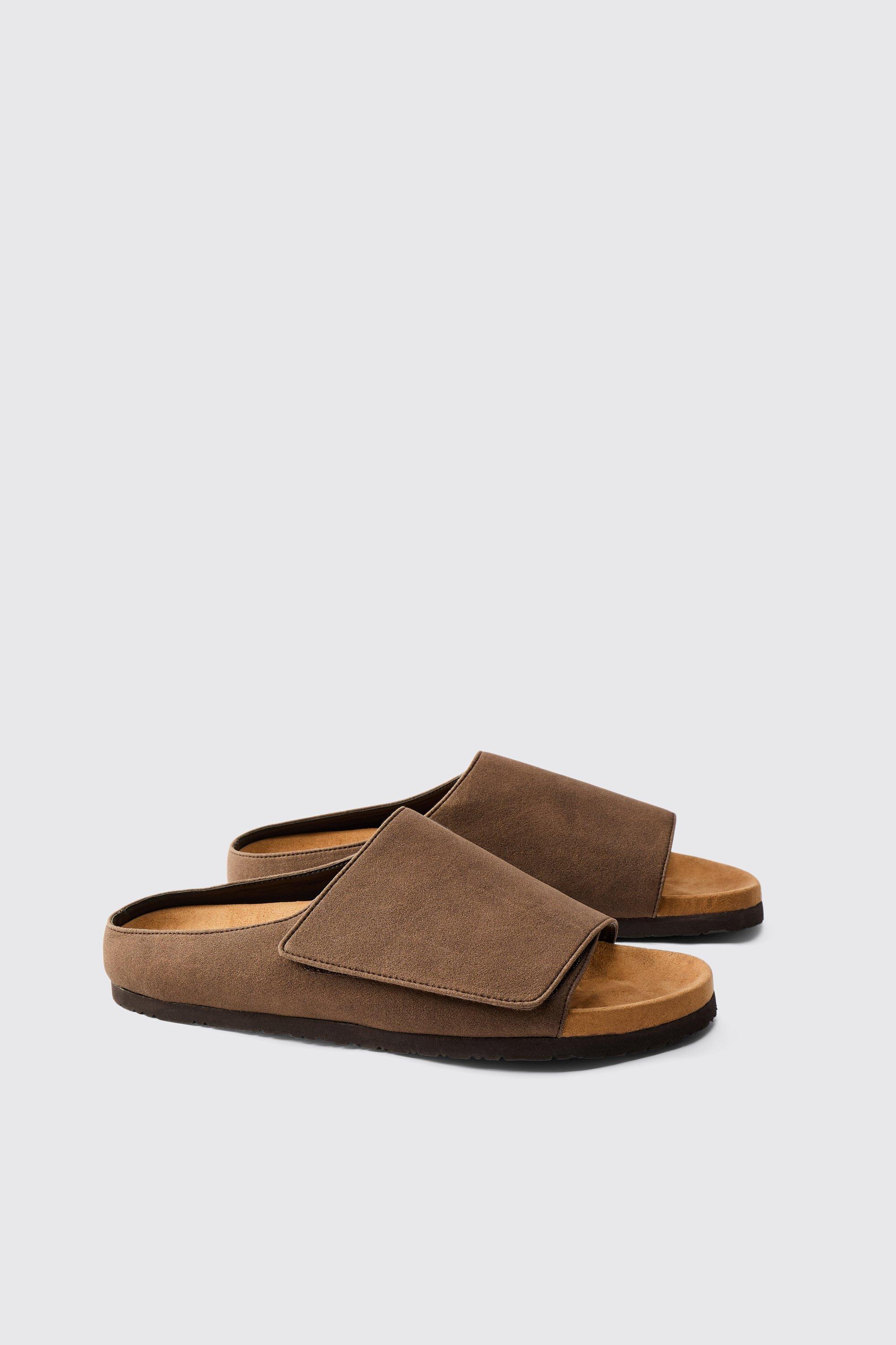 Mens Brown Faux Suede Slider Style Sandal, Brown