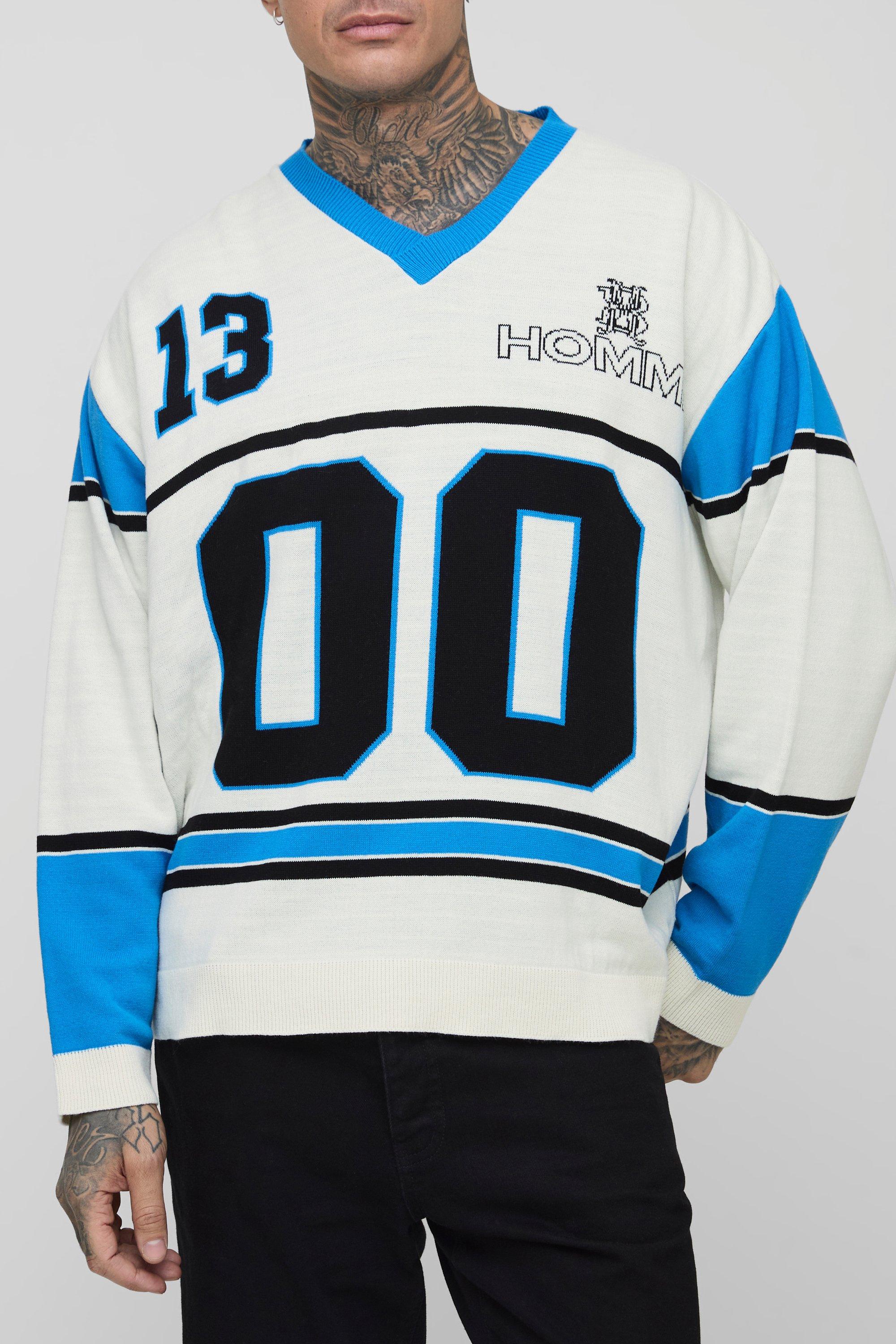 Mens Cream Tall Oversized Knitted Varsity Hockey Top, Cream