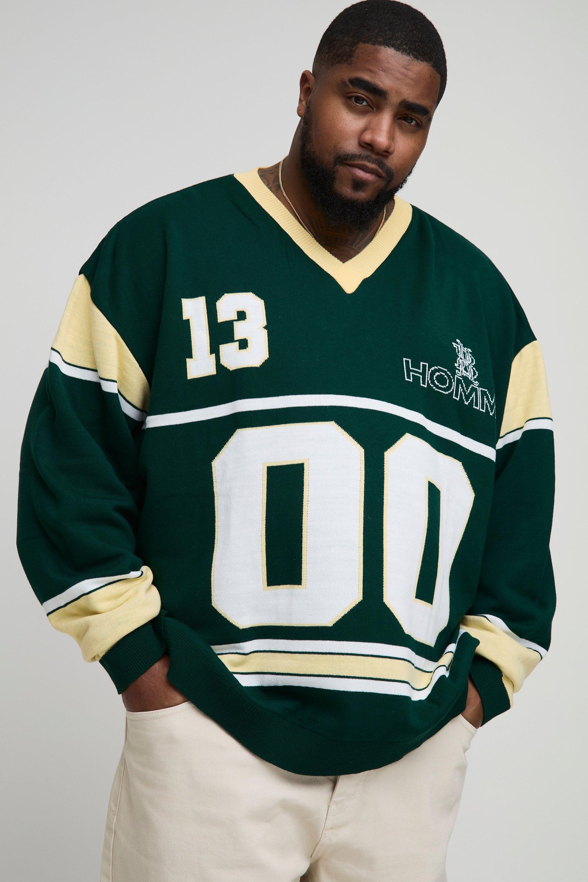 Mens Green Plus Oversized Knitted Varsity Hockey Top, Green