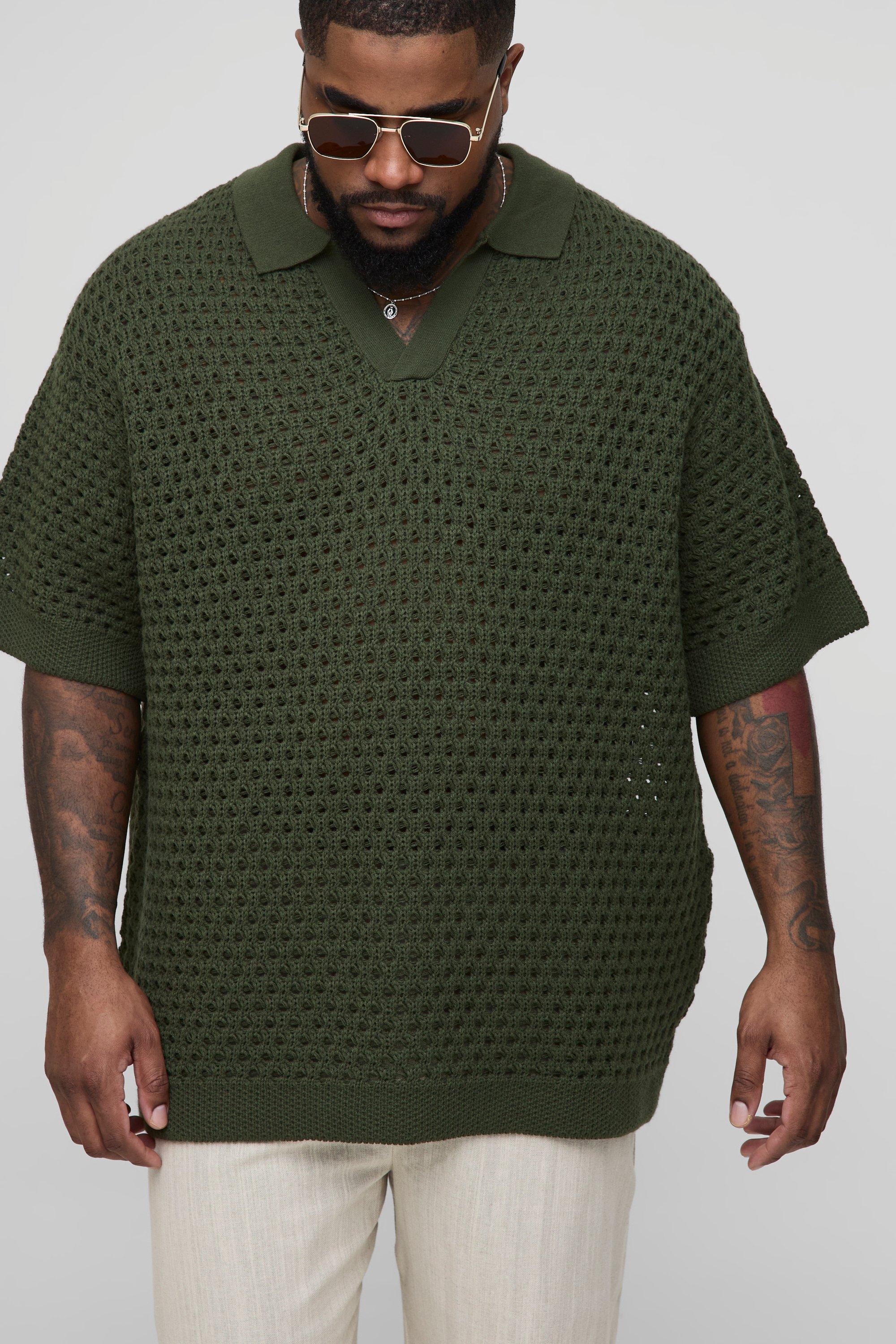 Image of T-shirt Plus Size oversize all'uncinetto in maglia spessa con scollo a V, Verde