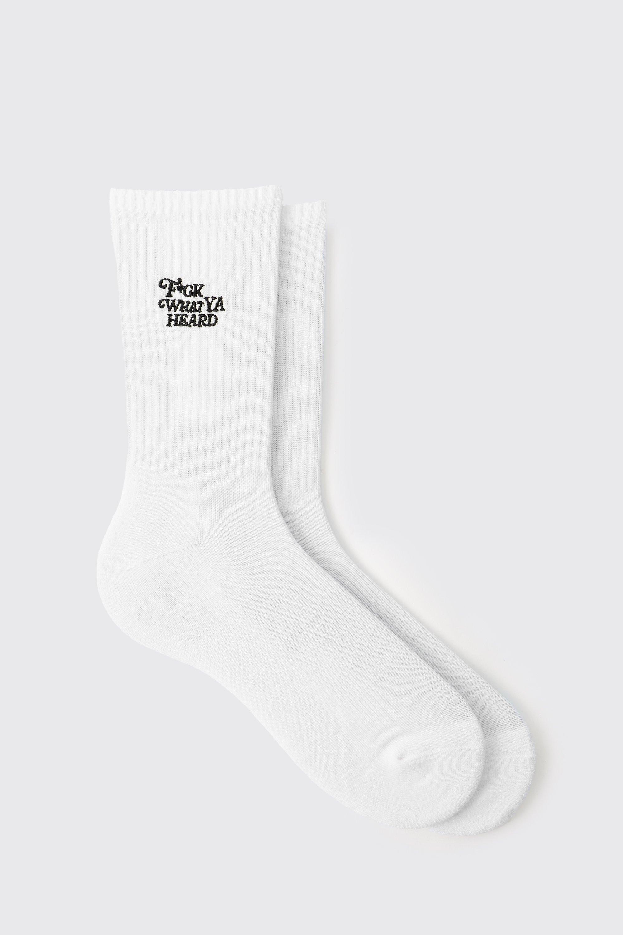 Mens White Slogan Embroidered Sport Sock, White