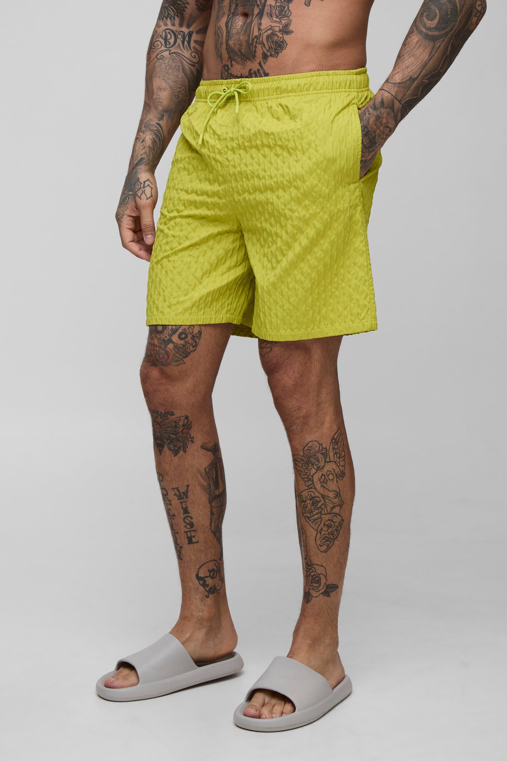 Mens Green Tall Textured Mid Length Swim Shorts, Green